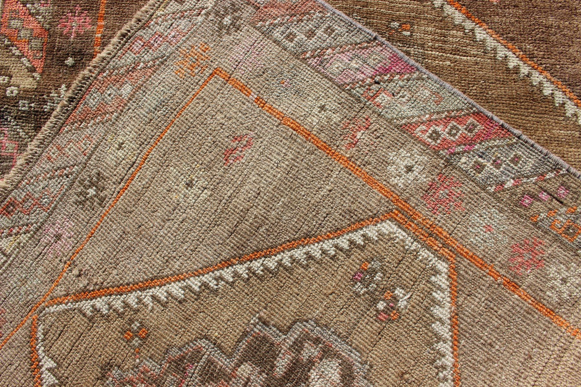 Vintage Turkish Oushak Runner with Tribal Medallions in Earthy Tones For Sale 5