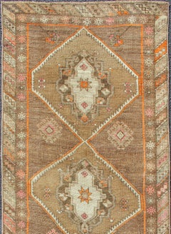 Vintage Turkish Oushak Runner with Tribal Medallions in Earthy Tones