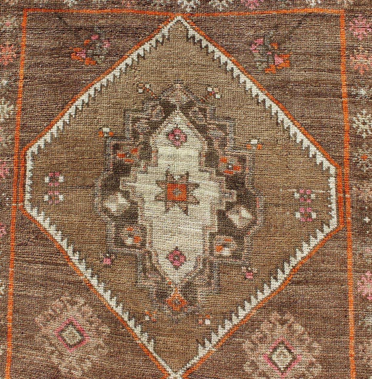 Vintage Turkish Oushak Runner with Tribal Medallions in Earthy Tones For Sale 2