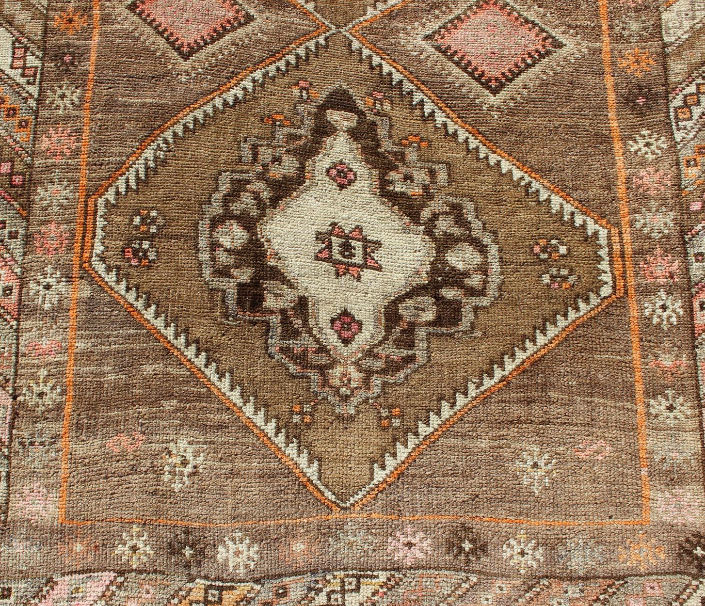 Vintage Turkish Oushak Runner with Tribal Medallions in Earthy Tones For Sale 3
