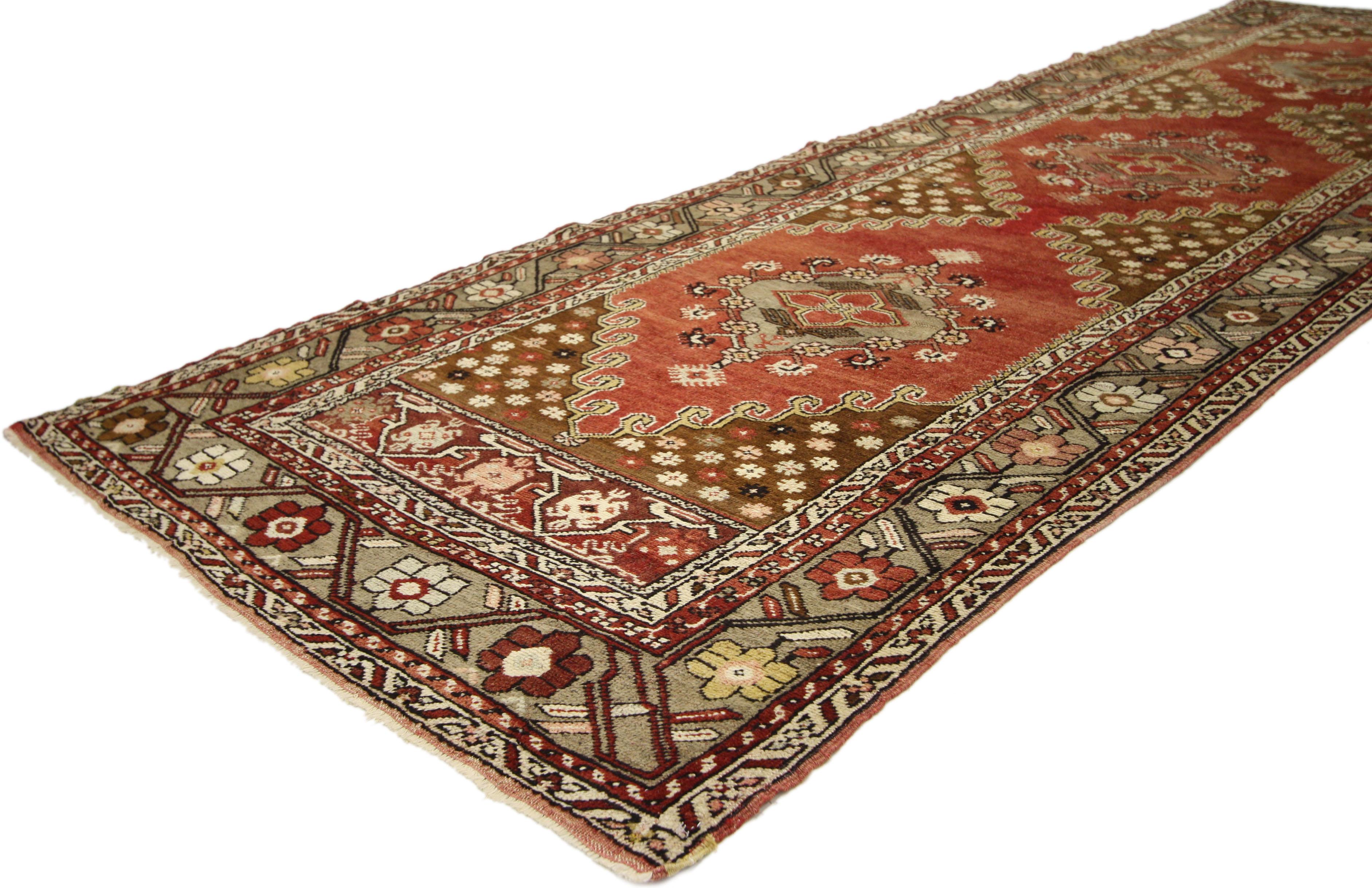 73839 Vintage Turkish Oushak runner with Tribal style, Hallway runner 03'05 x 10'08. Warm and inviting, this hand-knotted wool vintage Turkish Oushak runner beautifully embodies a traditional English Manor style. Running the length of the Oushak