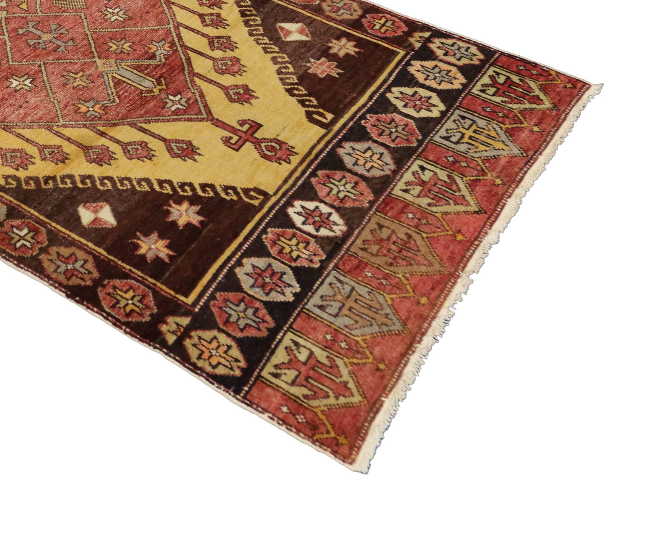 Hand-Knotted Vintage Turkish Oushak Runner with Tribal Style, Hallway Runner For Sale
