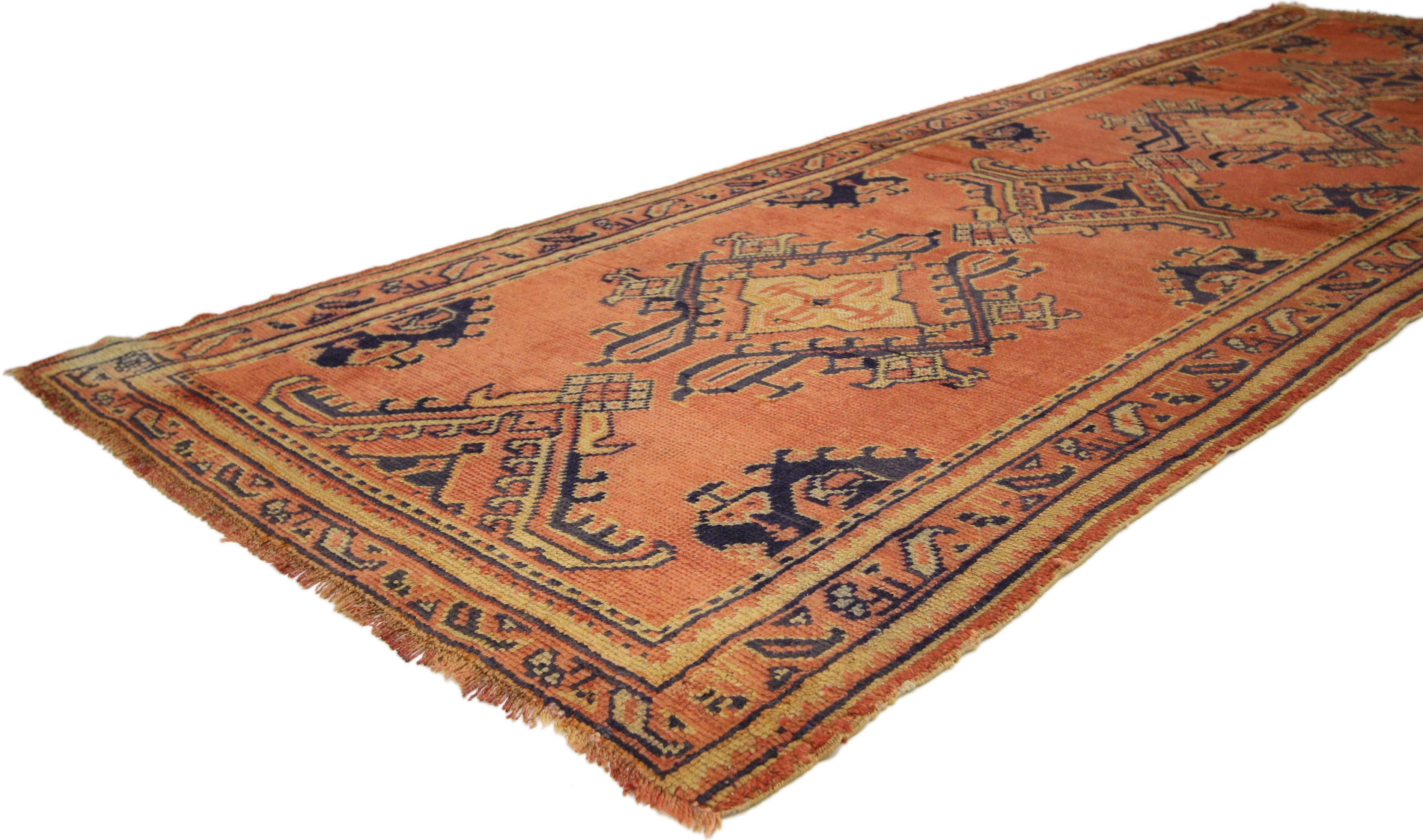 Hand-Knotted Vintage Turkish Oushak Runner with Eclectic Northwestern Style, Hallway Runner For Sale