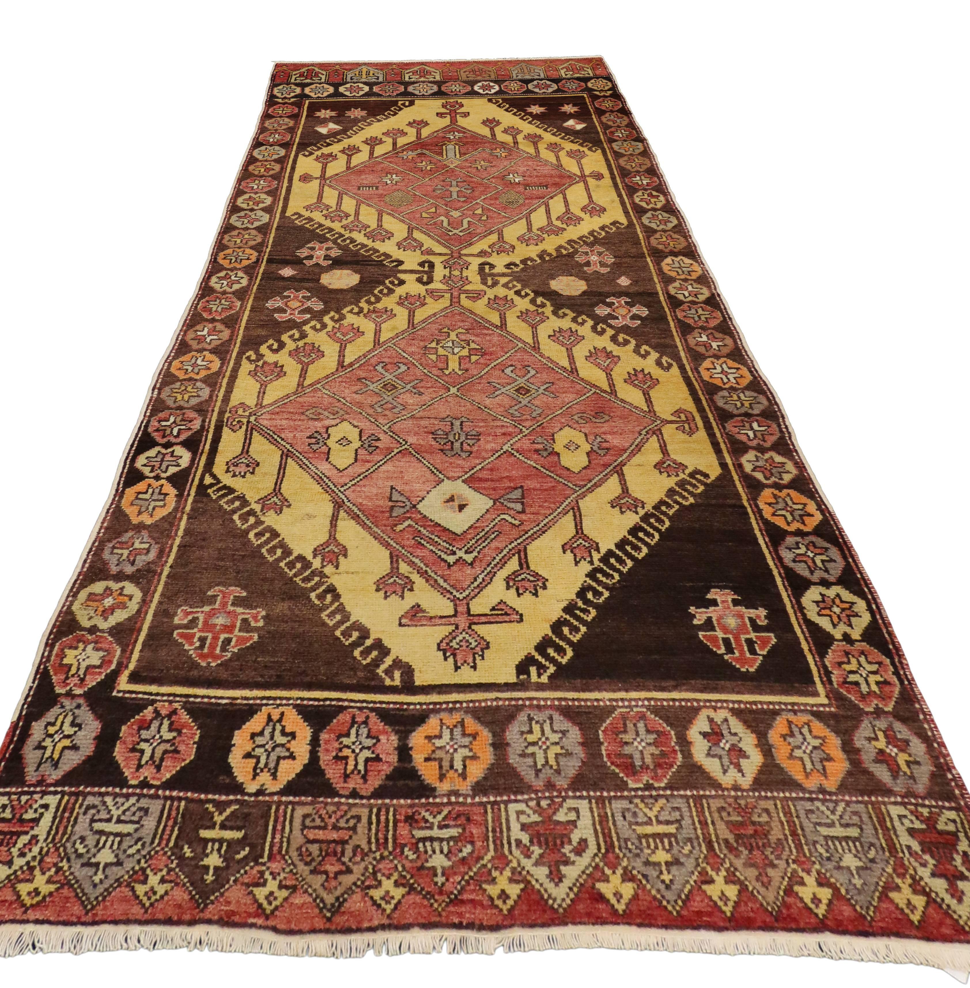20th Century Vintage Turkish Oushak Runner with Tribal Style, Hallway Runner For Sale