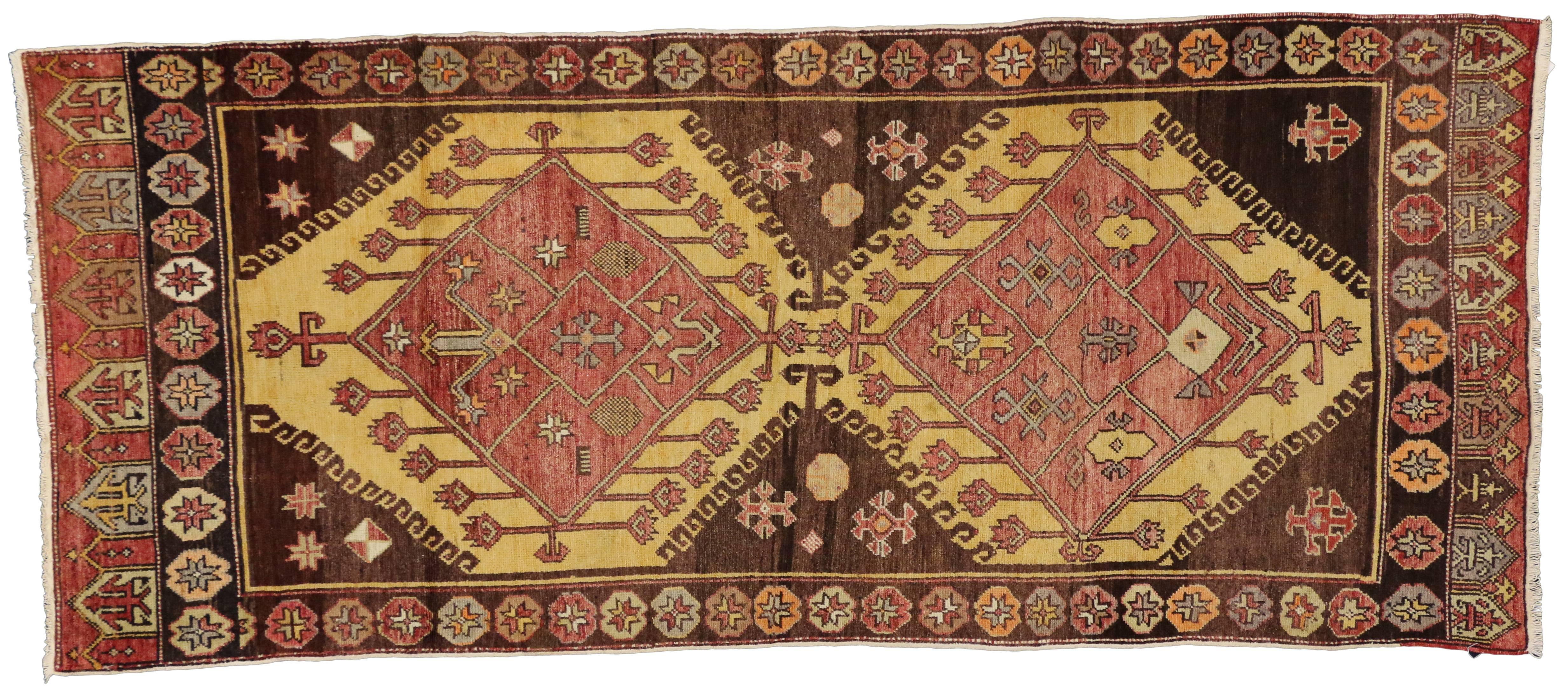 Wool Vintage Turkish Oushak Runner with Tribal Style, Hallway Runner For Sale