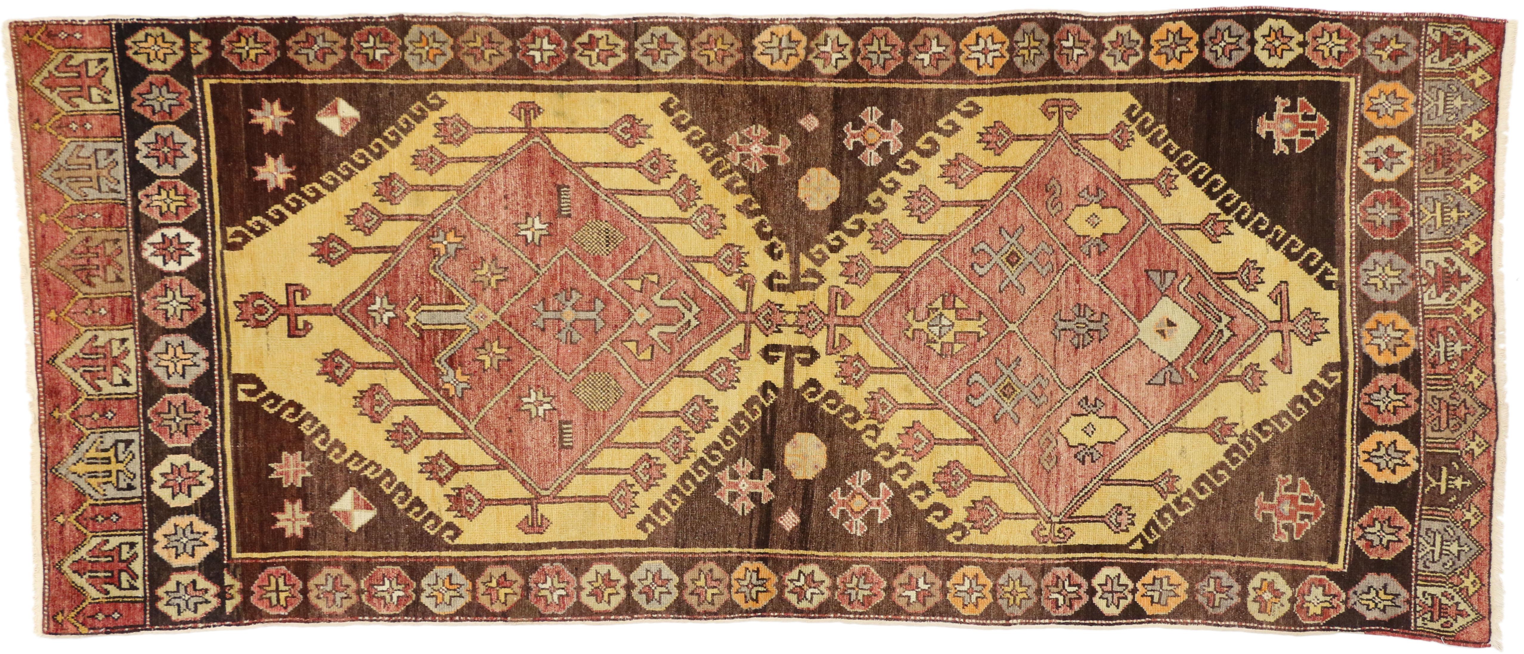 Vintage Turkish Oushak Runner with Tribal Style, Hallway Runner For Sale 1