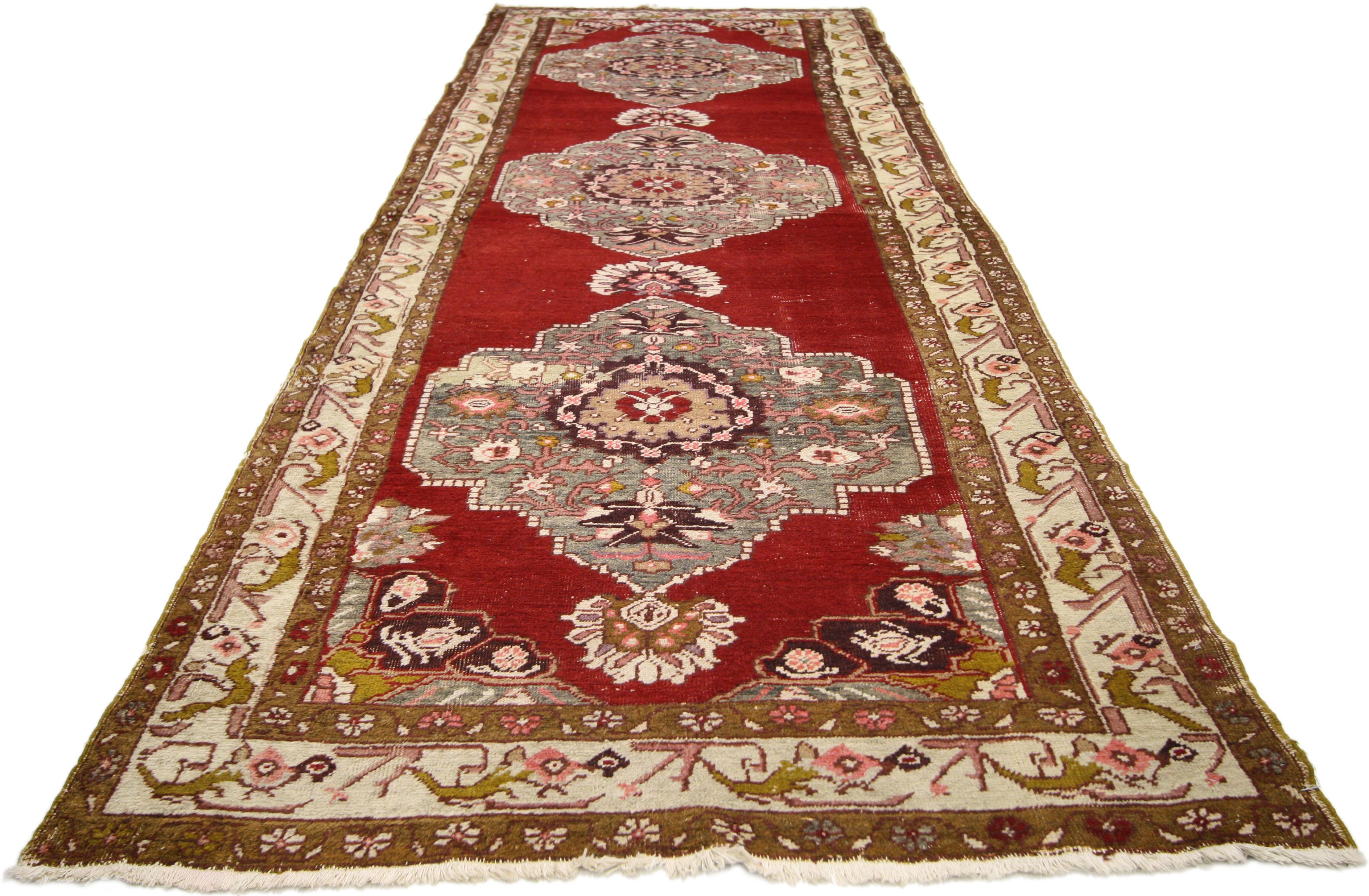 20th Century Vintage Turkish Oushak Runner with Tribal Style, Hallway Runner For Sale