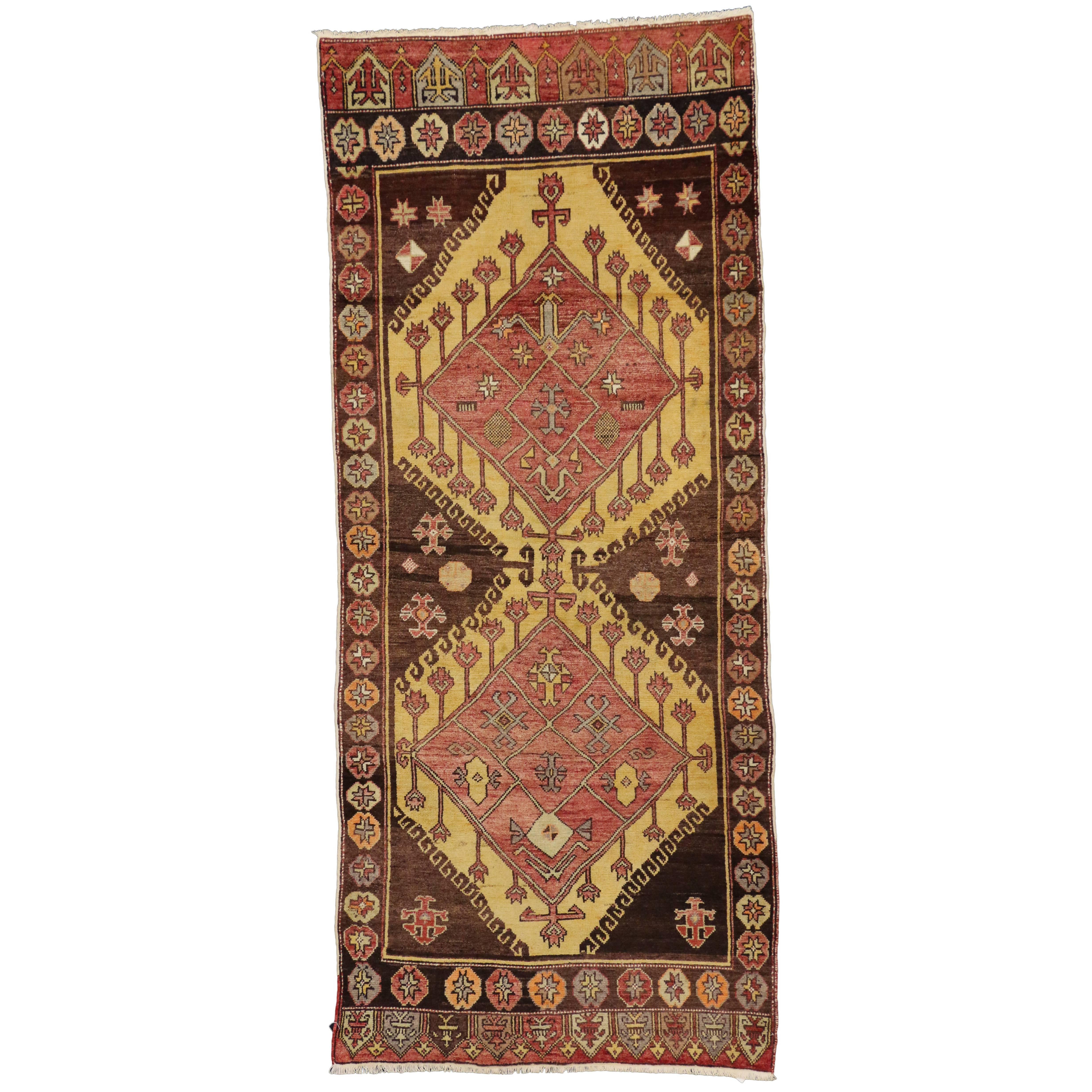 Tapis de couloir vintage turc Oushak de style tribal, couloir de couloir