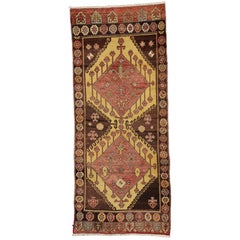 Vintage Turkish Oushak Runner with Tribal Style, Hallway Runner