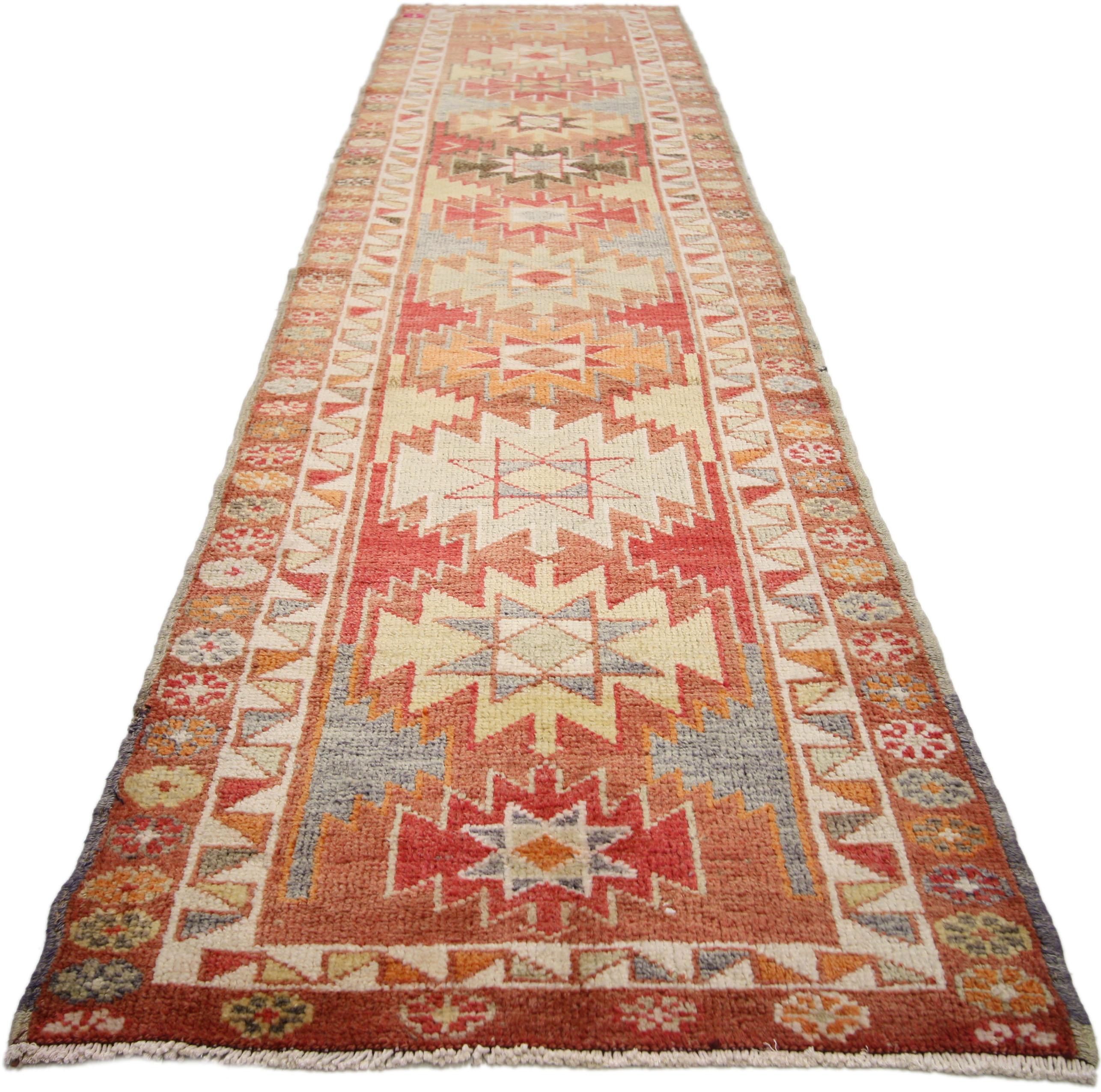 Hand-Knotted Vintage Turkish Oushak Runner with Tribal Style, Long Hallway Runner