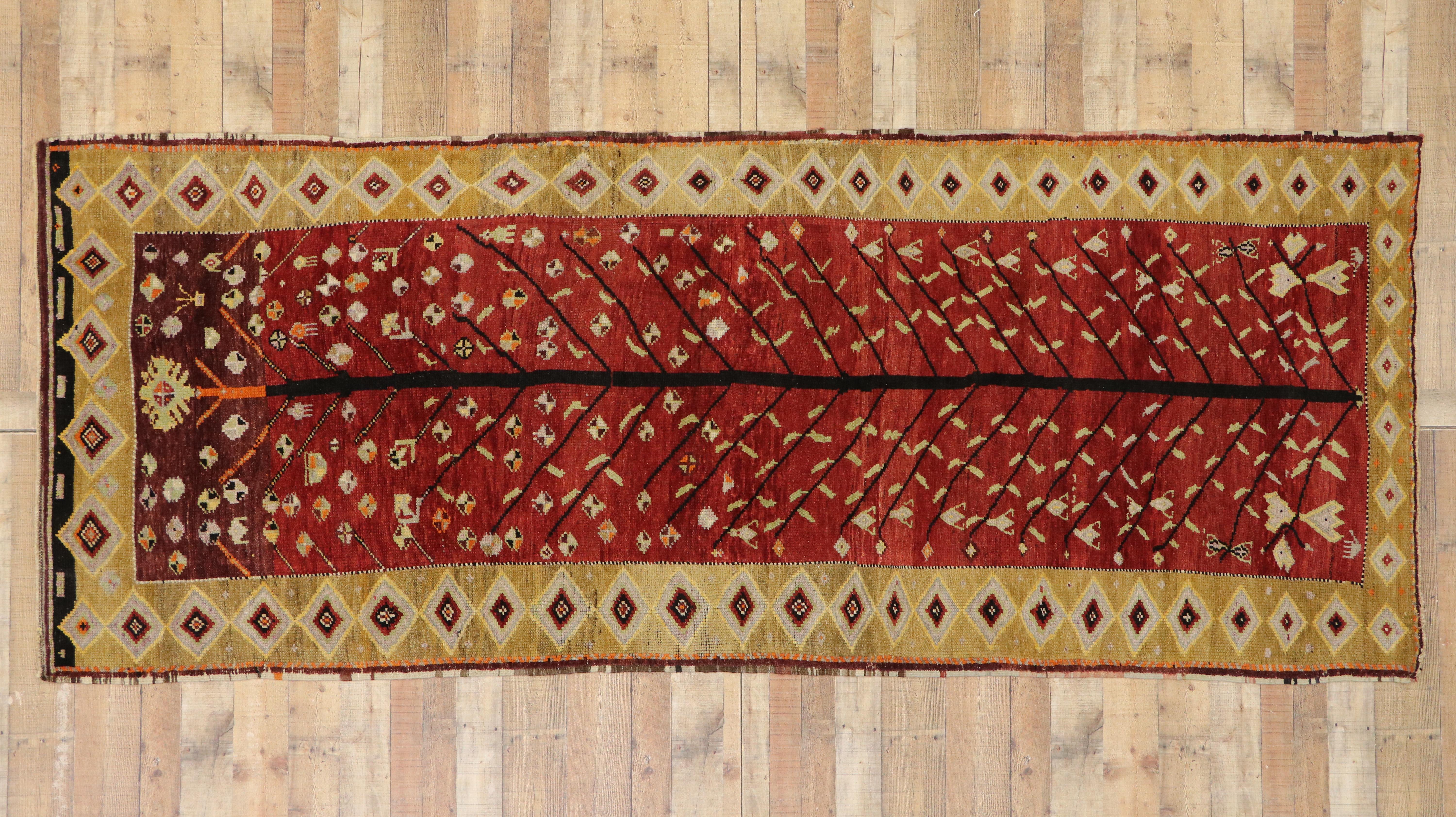 Vintage Turkish Oushak Runner with Tribal Style, Wide Hallway Runner For Sale 2