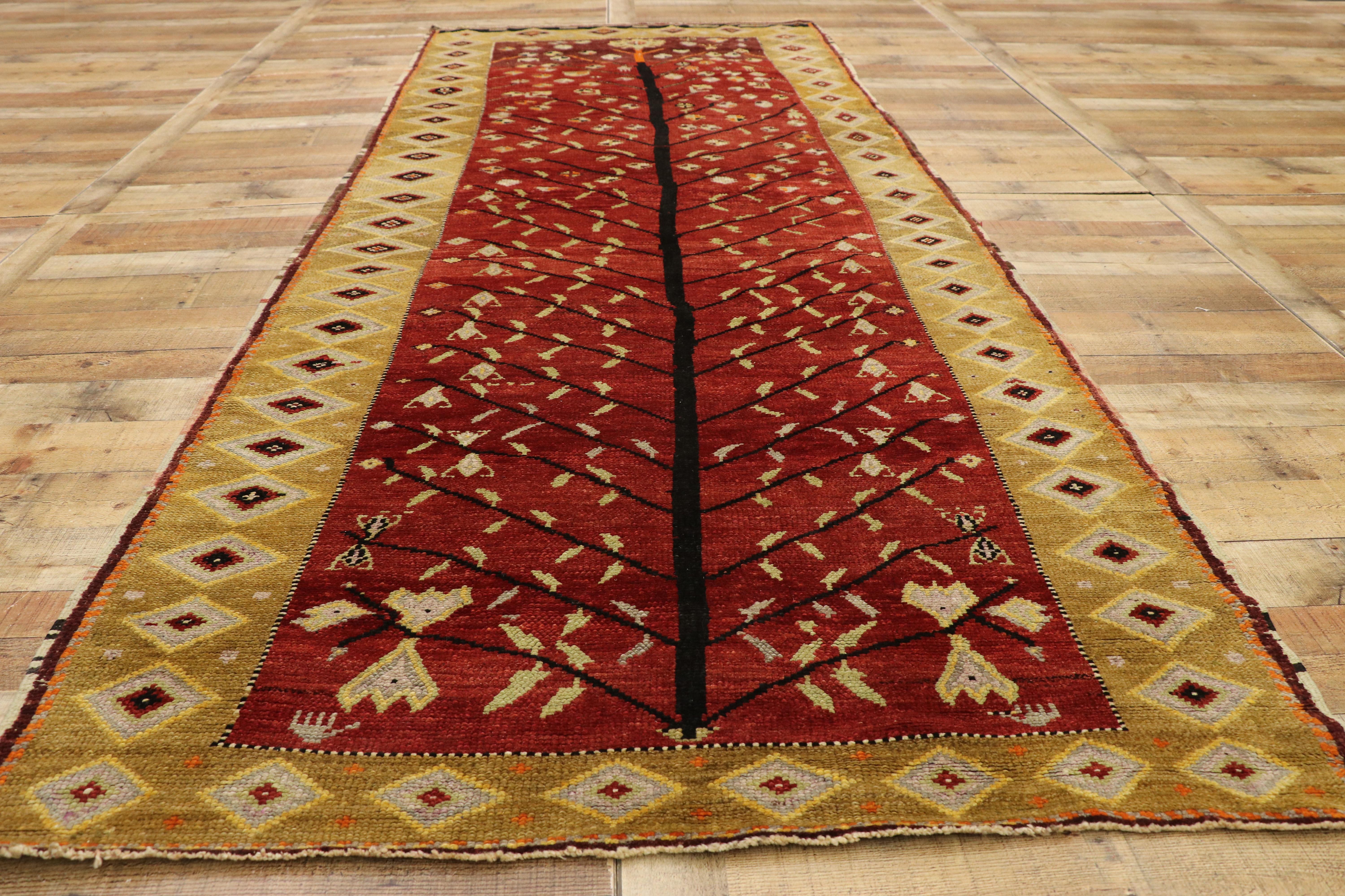 Vintage Turkish Oushak Runner with Tribal Style, Wide Hallway Runner For Sale 1