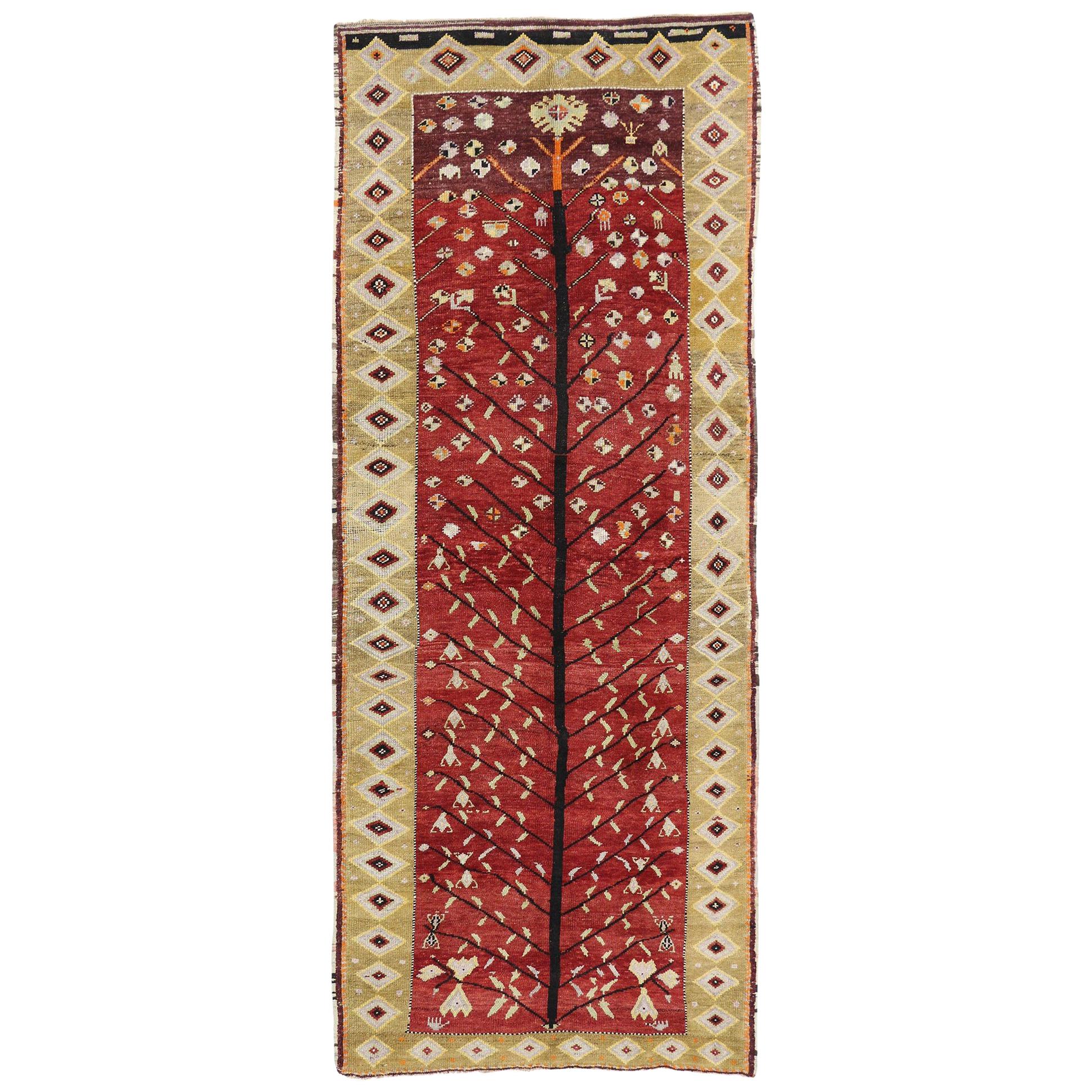 Vintage Turkish Oushak Runner with Tribal Style, Wide Hallway Runner For Sale