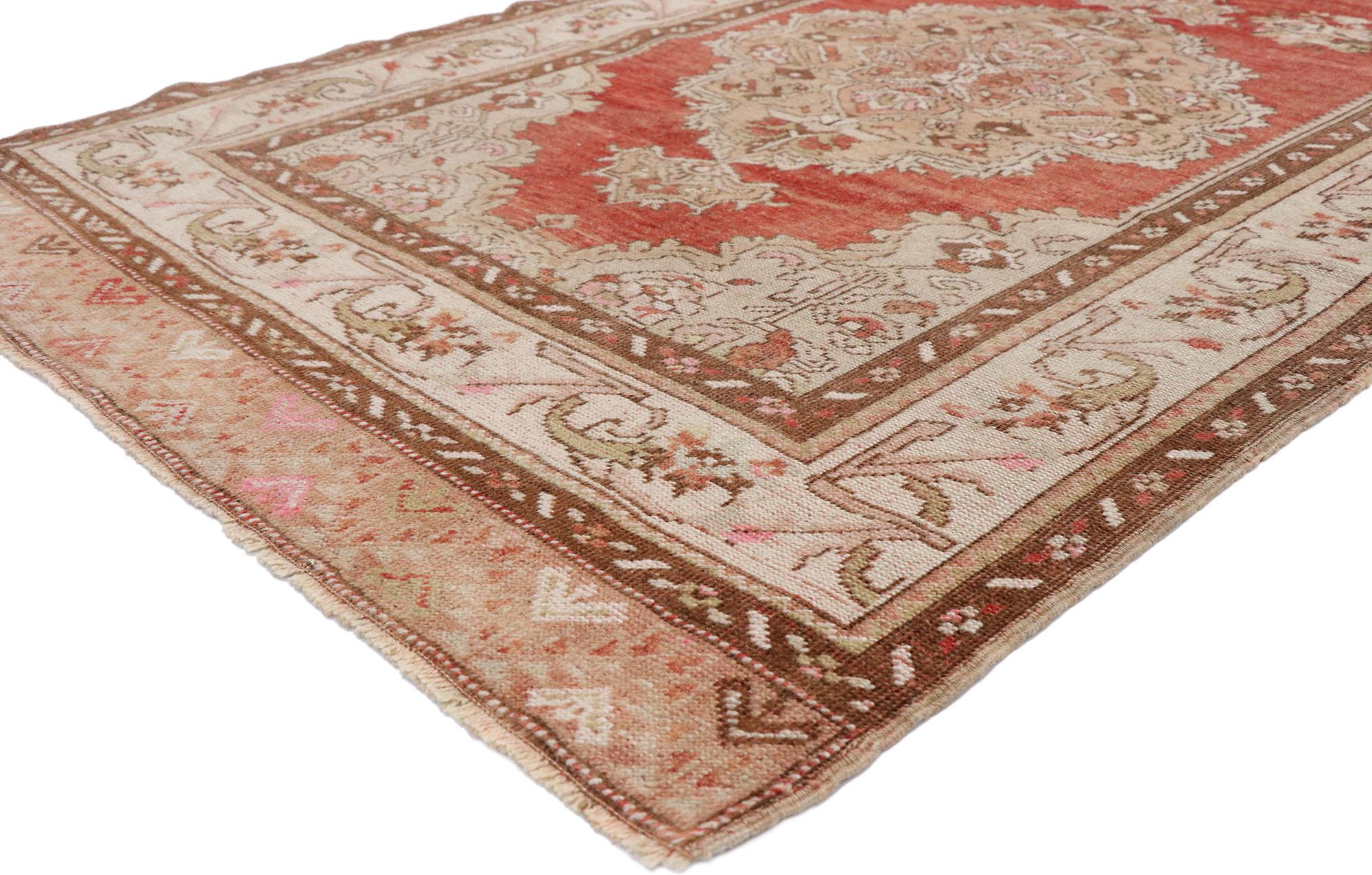 52743, vintage Turkish Oushak runner with Tudor style. With its Classic style and warm, rich colors, this hand knotted wool vintage Turkish Oushak runner is well-balanced and poised to impress. Taking center stage are three large-scale cusped