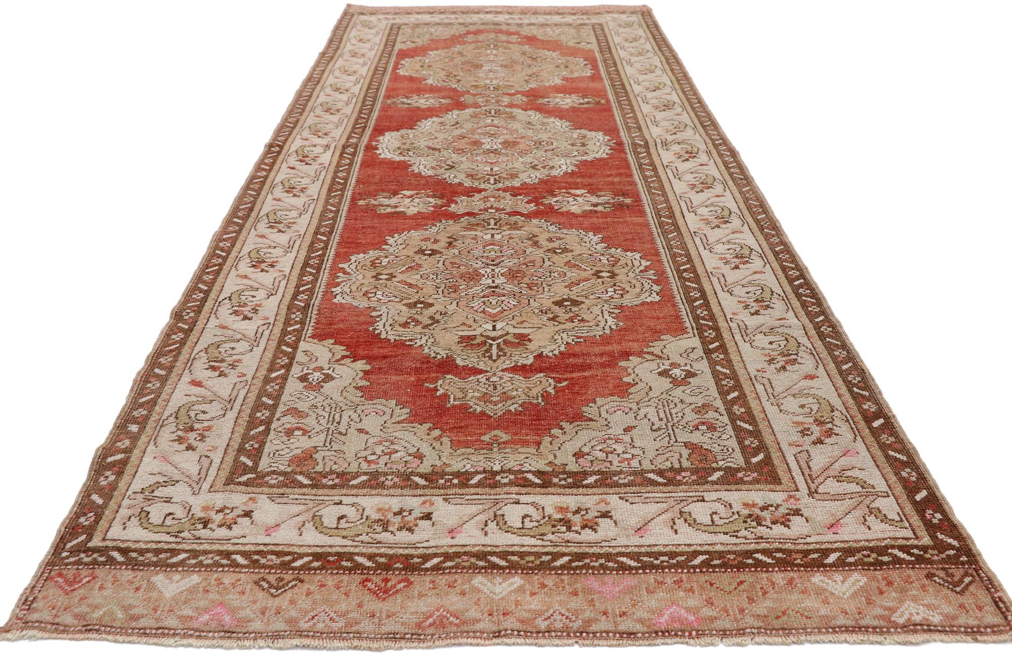 Hand-Knotted Vintage Turkish Oushak Runner with Tudor Style For Sale