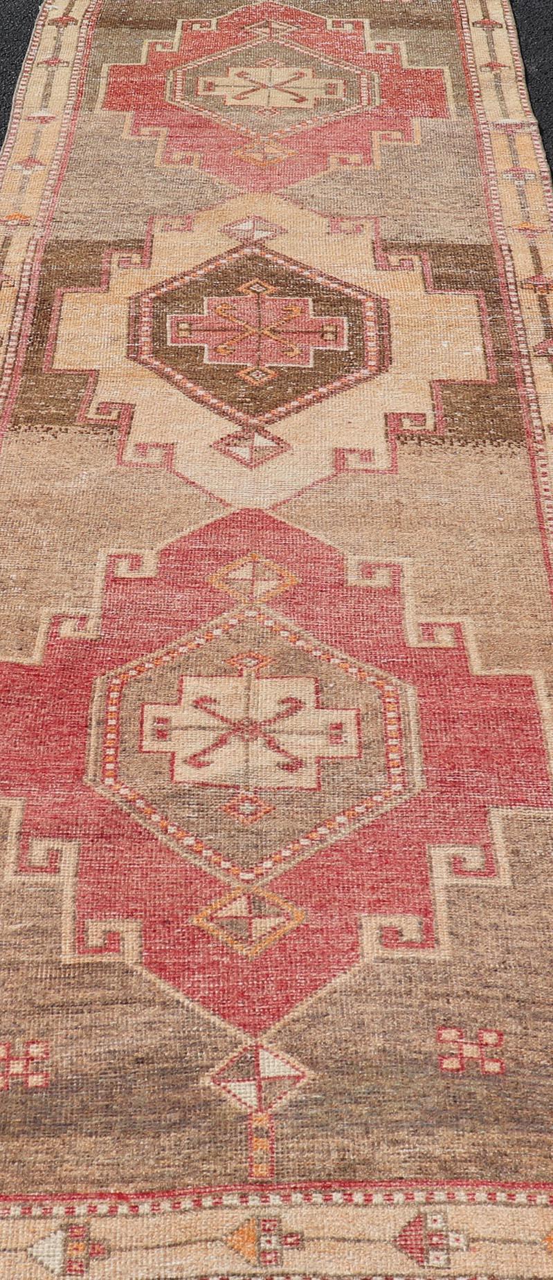 Vintage Turkish Oushak Runner with Vibrant Red and Earthy Tones 3'5