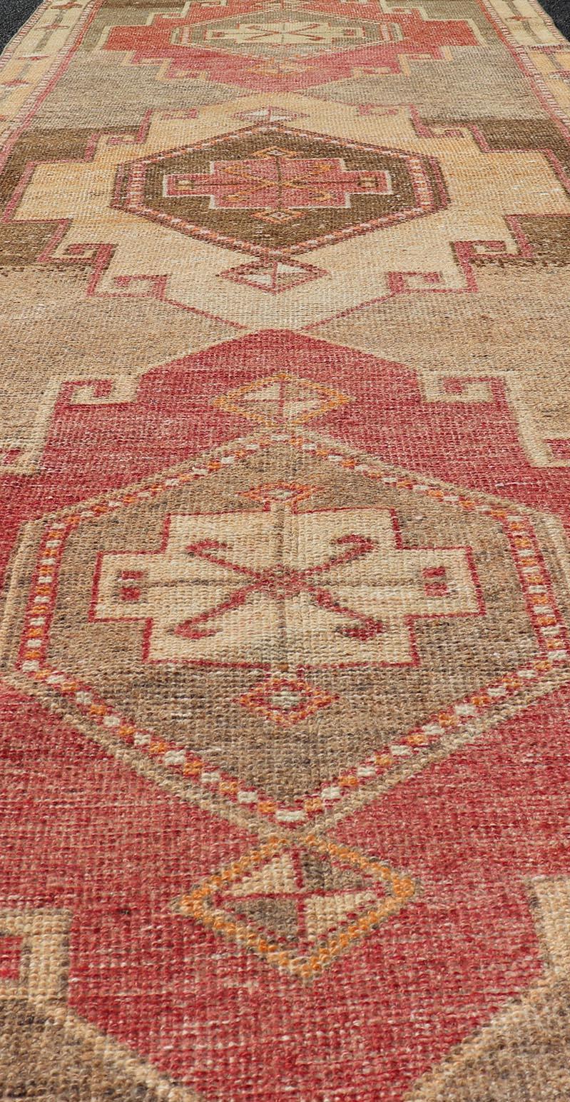 Vintage Turkish Oushak Runner with Vibrant Red and Earthy Tones 3'5