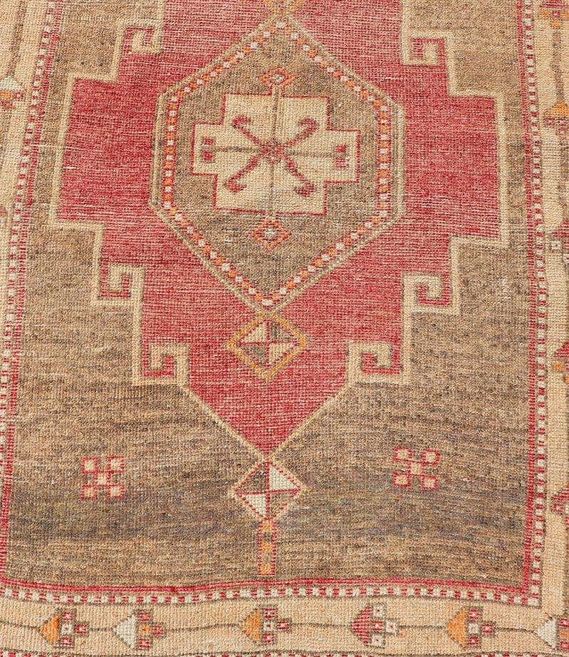 Vintage Turkish Oushak Runner with Vibrant Red and Earthy Tones 3'5