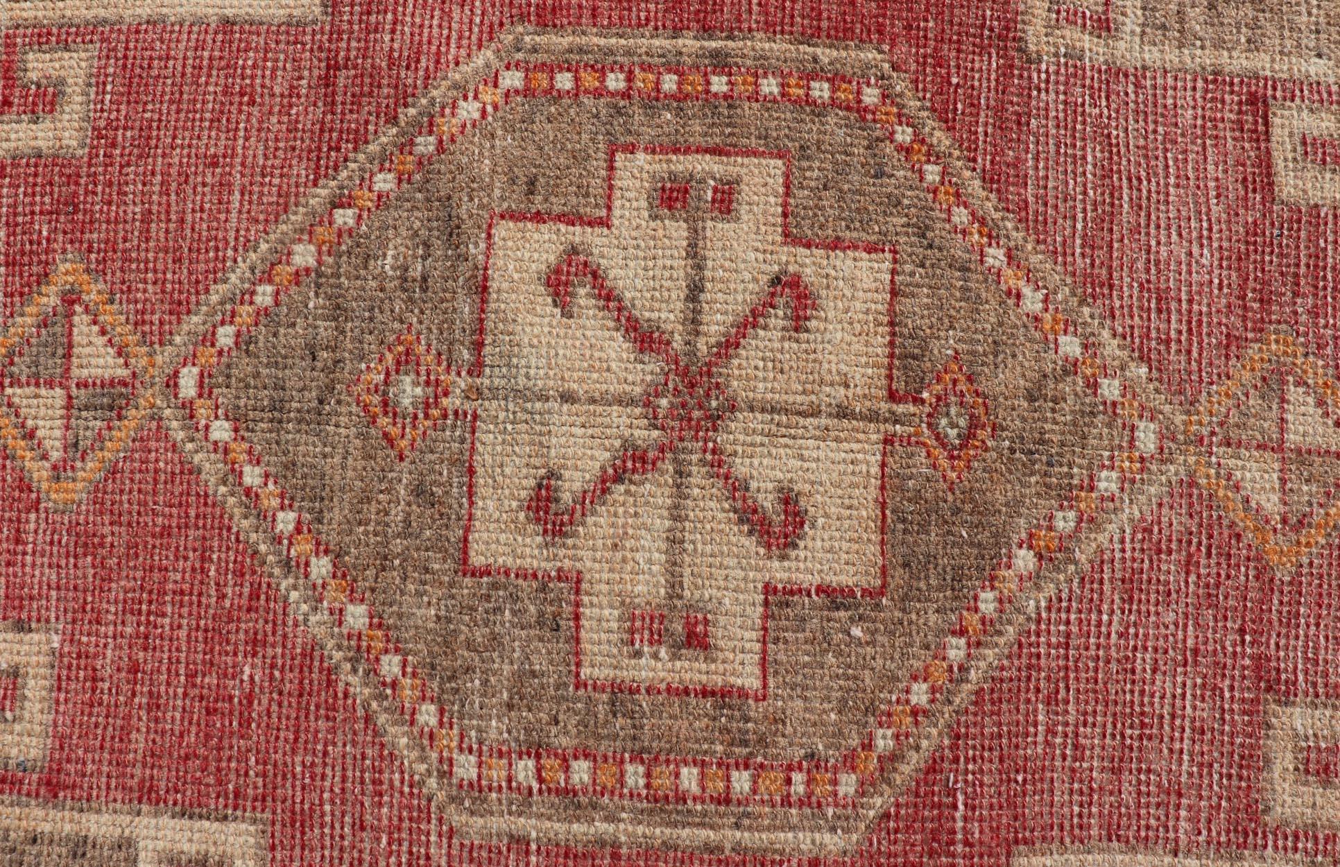 Hand-Knotted Vintage Turkish Oushak Runner with Vibrant Red and Earthy Tones 3'5
