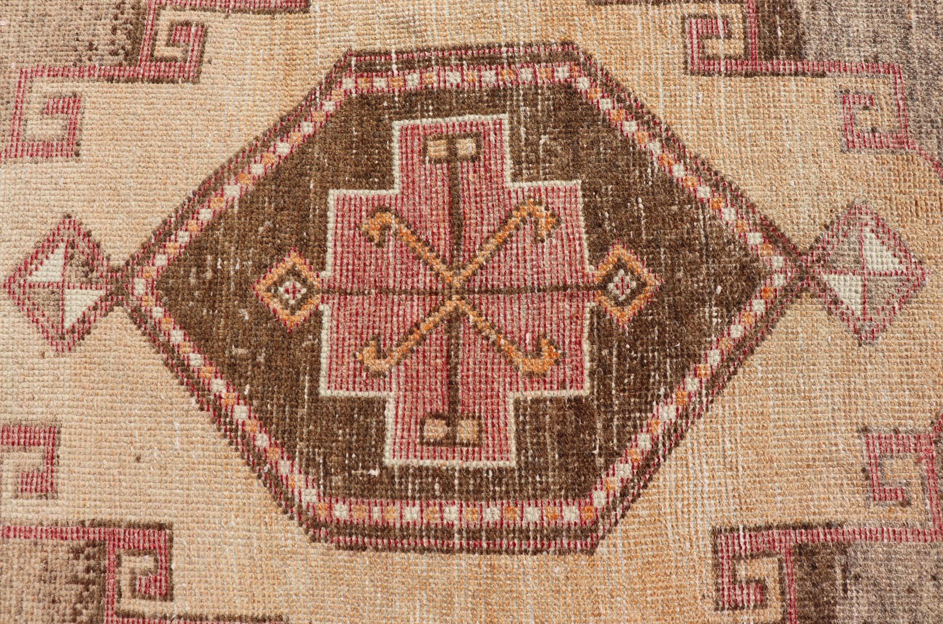 Vintage Turkish Oushak Runner with Vibrant Red and Earthy Tones 3'5