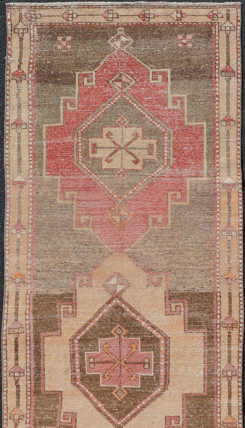 Wool Vintage Turkish Oushak Runner with Vibrant Red and Earthy Tones 3'5