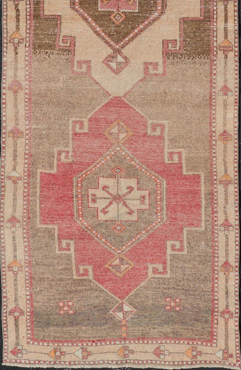 Vintage Turkish Oushak Runner with Vibrant Red and Earthy Tones 3'5