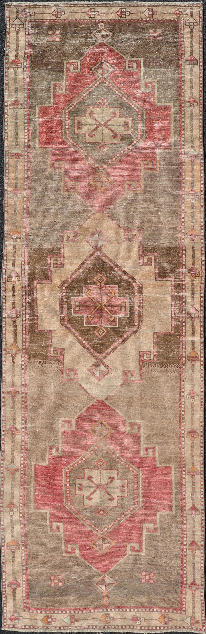Vintage Turkish Oushak Runner with Vibrant Red and Earthy Tones 3'5" X11'3" For Sale