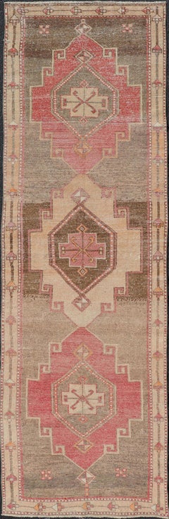 Vintage Turkish Oushak Runner with Vibrant Red and Earthy Tones 3'5" X11'3"