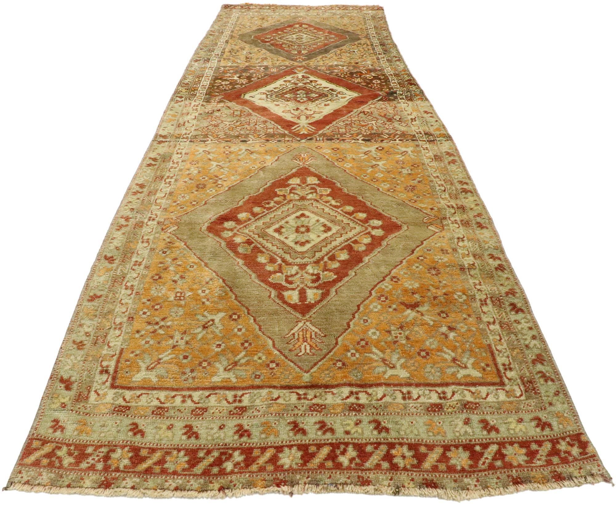 Hand-Knotted Vintage Turkish Oushak Runner with Warm Arts & Crafts Style For Sale