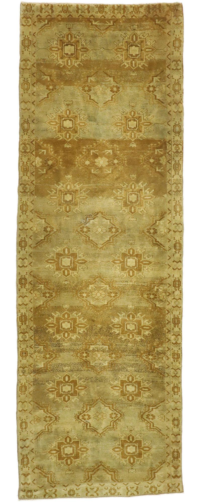 50024 Vintage Turkish Oushak Runner with Modern Shaker Style 04'04 x 12'06. Representing a stylish union of traditional and sophisticated chic, this hand-knotted wool vintage Turkish Oushak runner beautifully embodies modern shaker style in warm