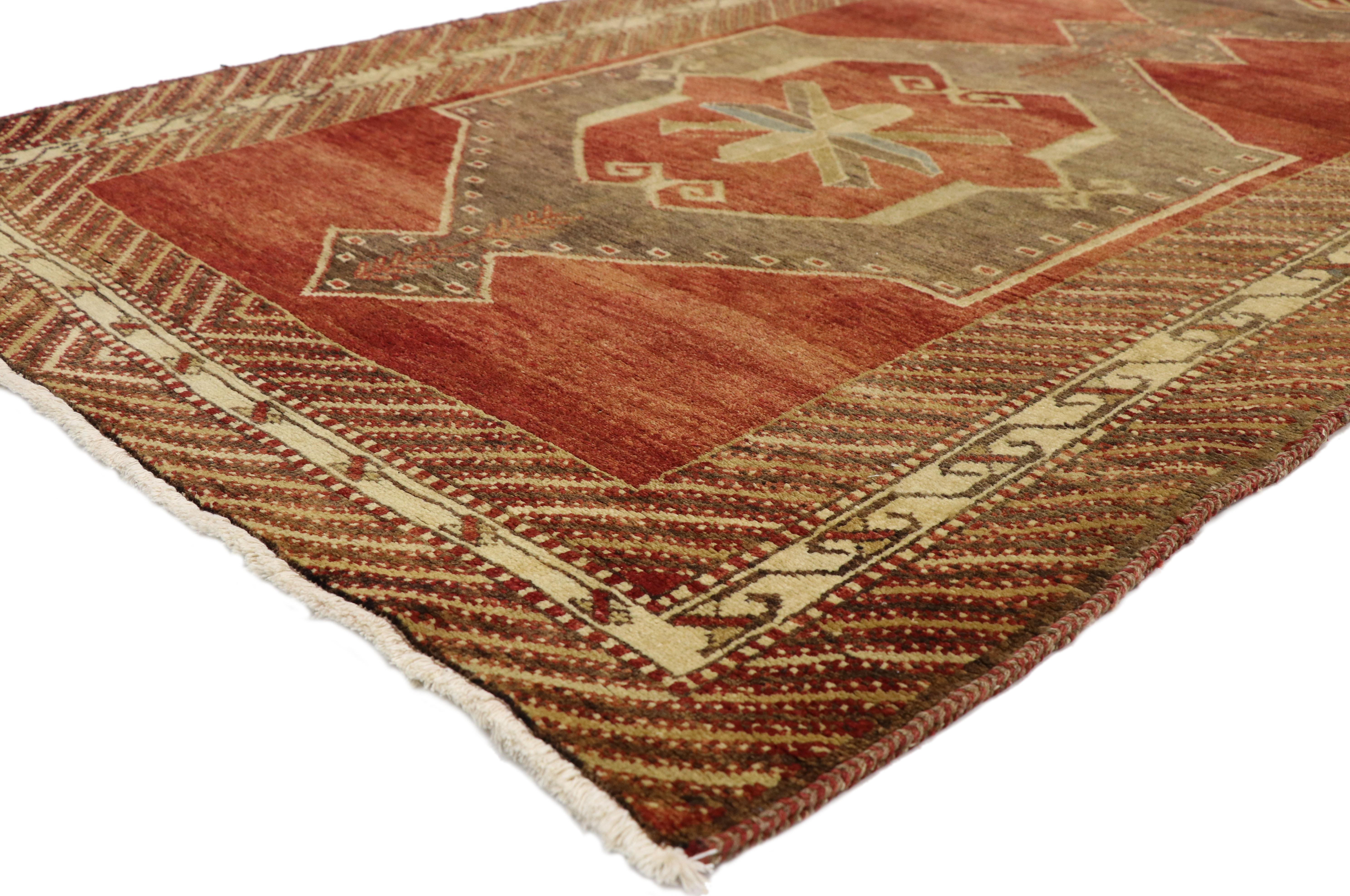 50490 Vintage Turkish Oushak Runner with Mid-Century Modern Artisan Style, Hallway Runner 03'10 X 12'00. With a bold geometric pattern and striking appeal, this hand knotted wool vintage Turkish Oushak runner can beautifully blend contemporary,