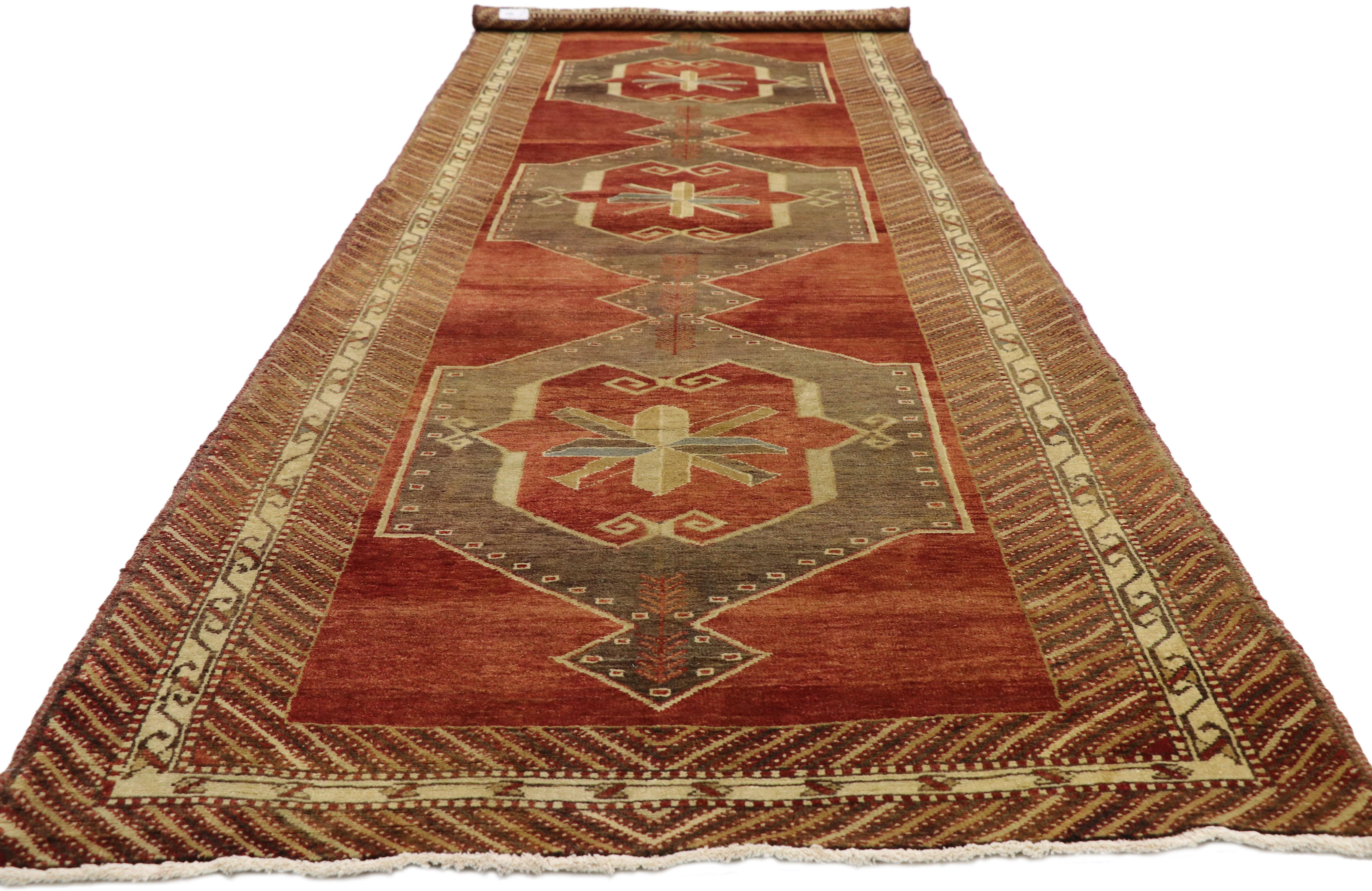 Hand-Knotted Vintage Turkish Oushak Runner with Warm Mid-Century Modern Artisan Style For Sale