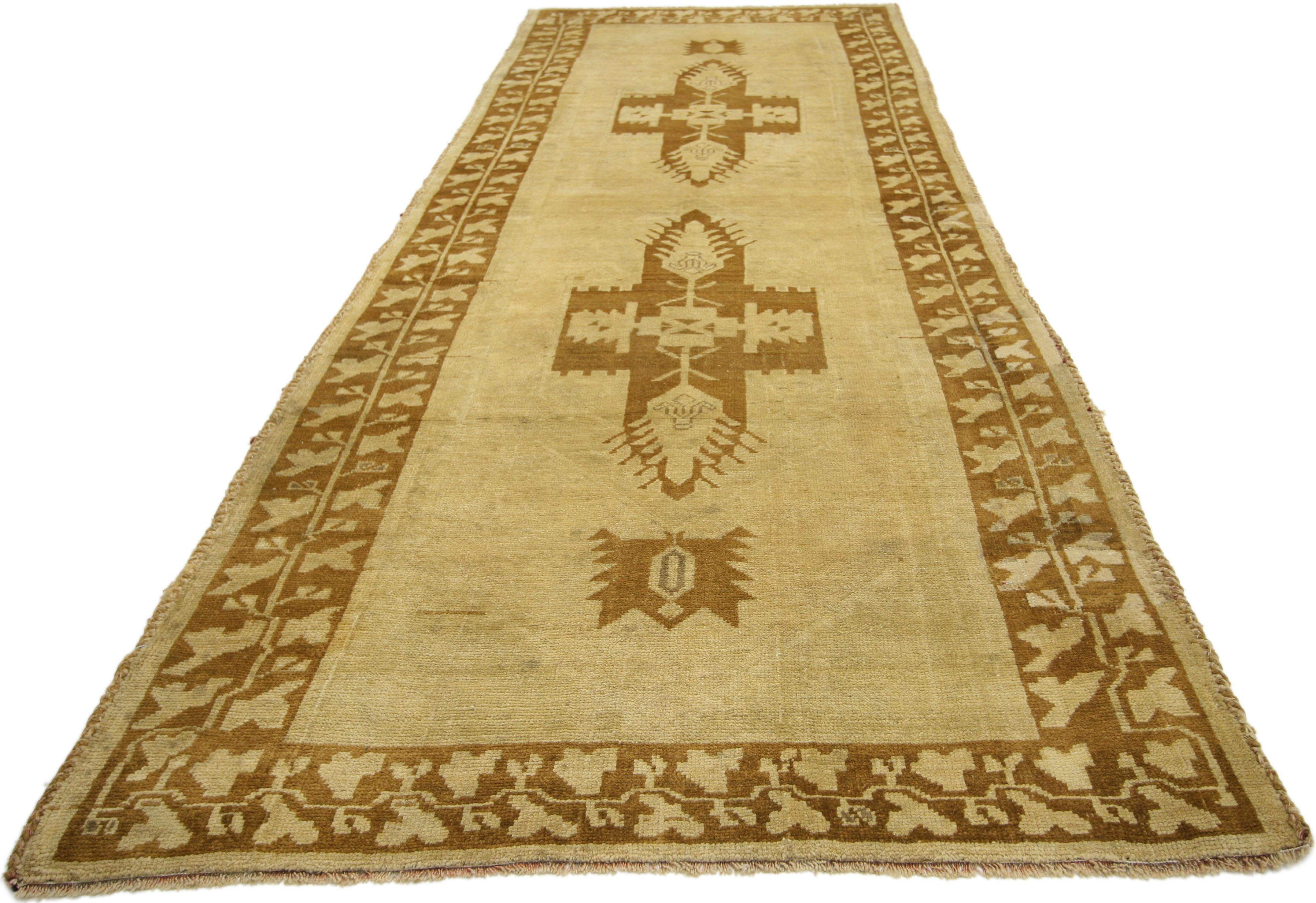Hand-Knotted Vintage Turkish Oushak Runner with Warm, Neutral Colors, Hallway Runner For Sale