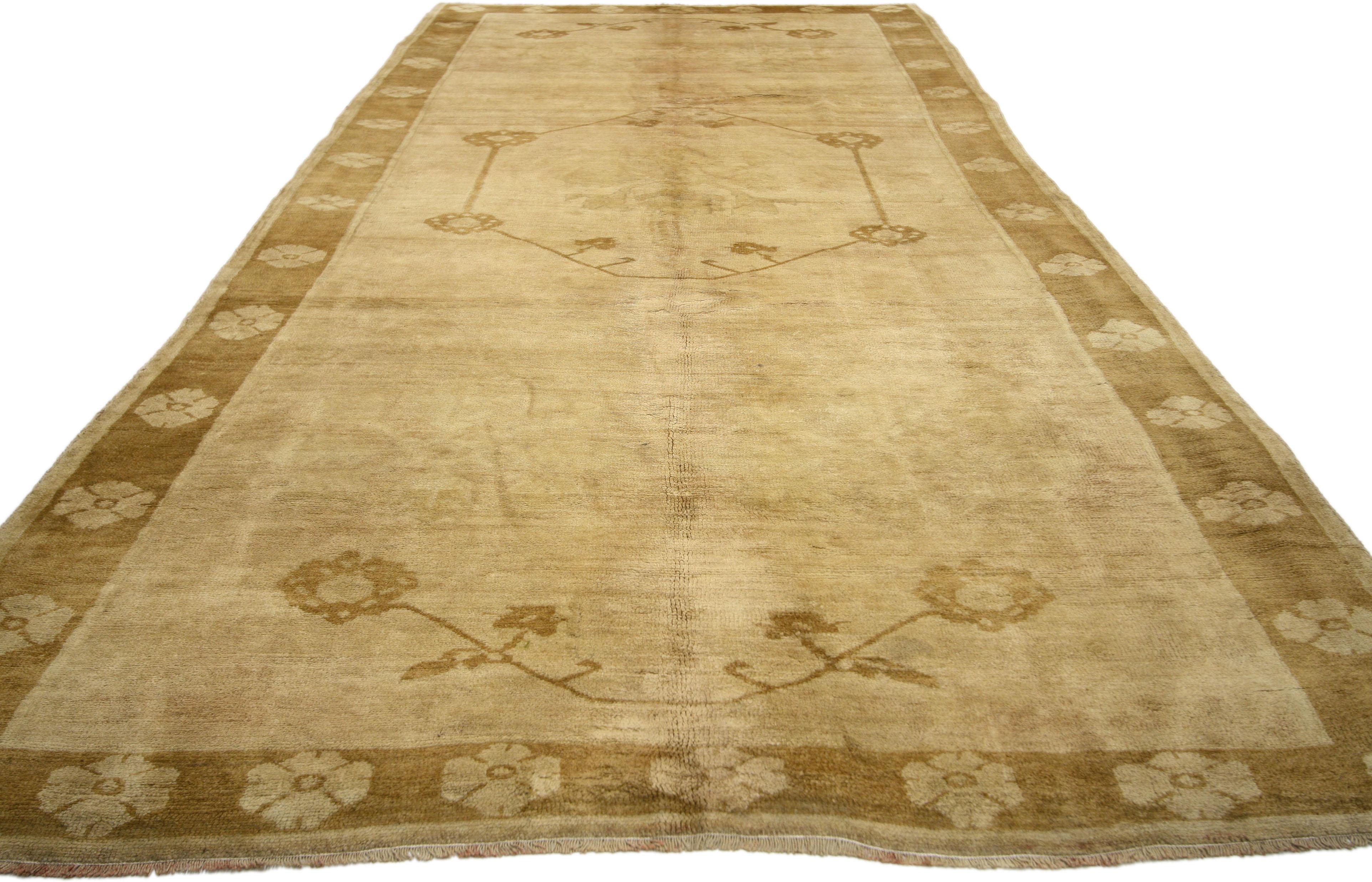 Hand-Knotted Vintage Turkish Oushak Runner with Warm, Neutral Colors, Wide Hallway Runner