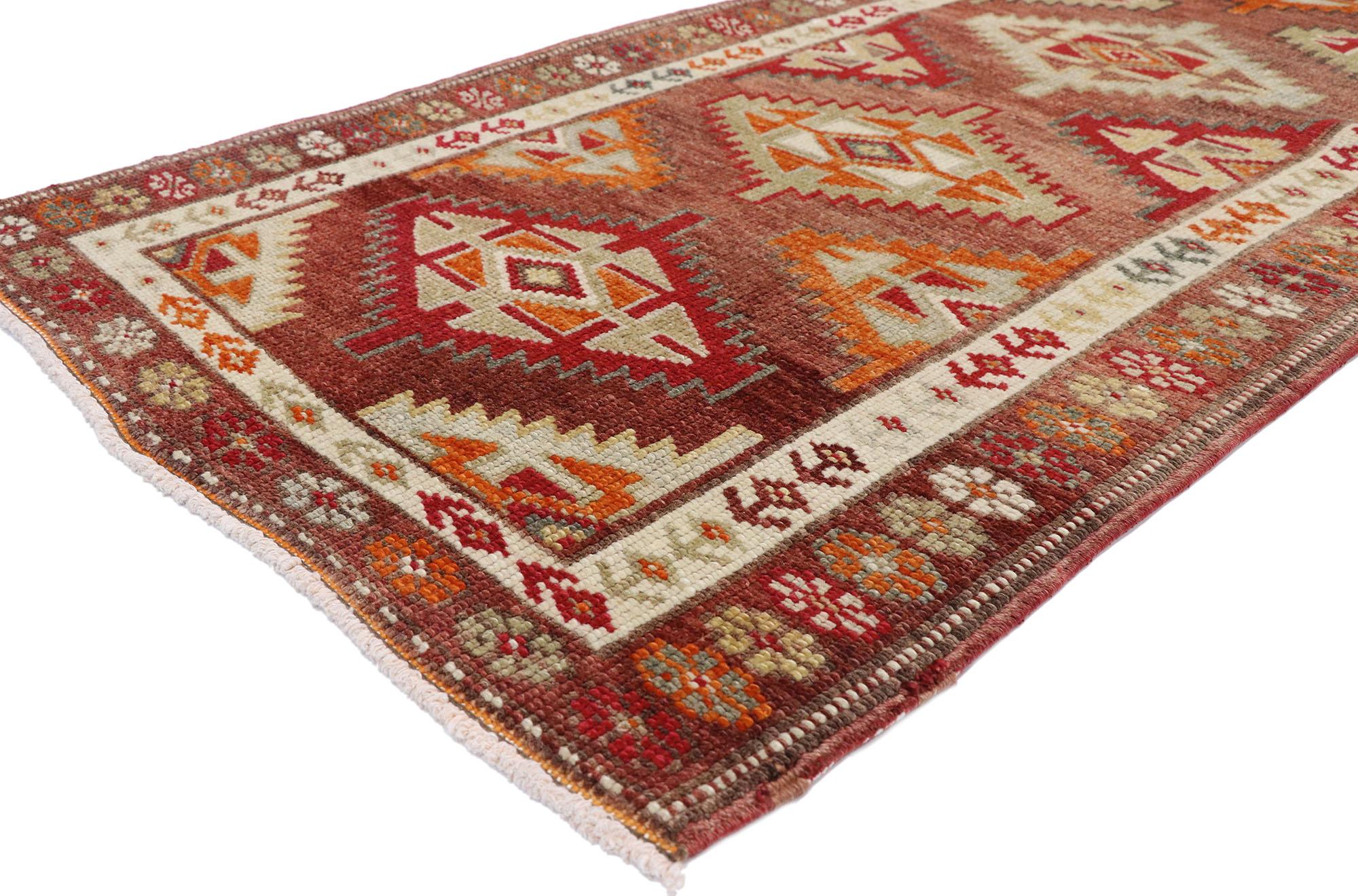 52709, vintage Turkish Oushak runner with warm Santa Fe desert Tribal style. With warm and vibrant colors combined with a bold geometric form, this hand knotted wool vintage Turkish Oushak runner manages to beautifully meld with modern, traditional
