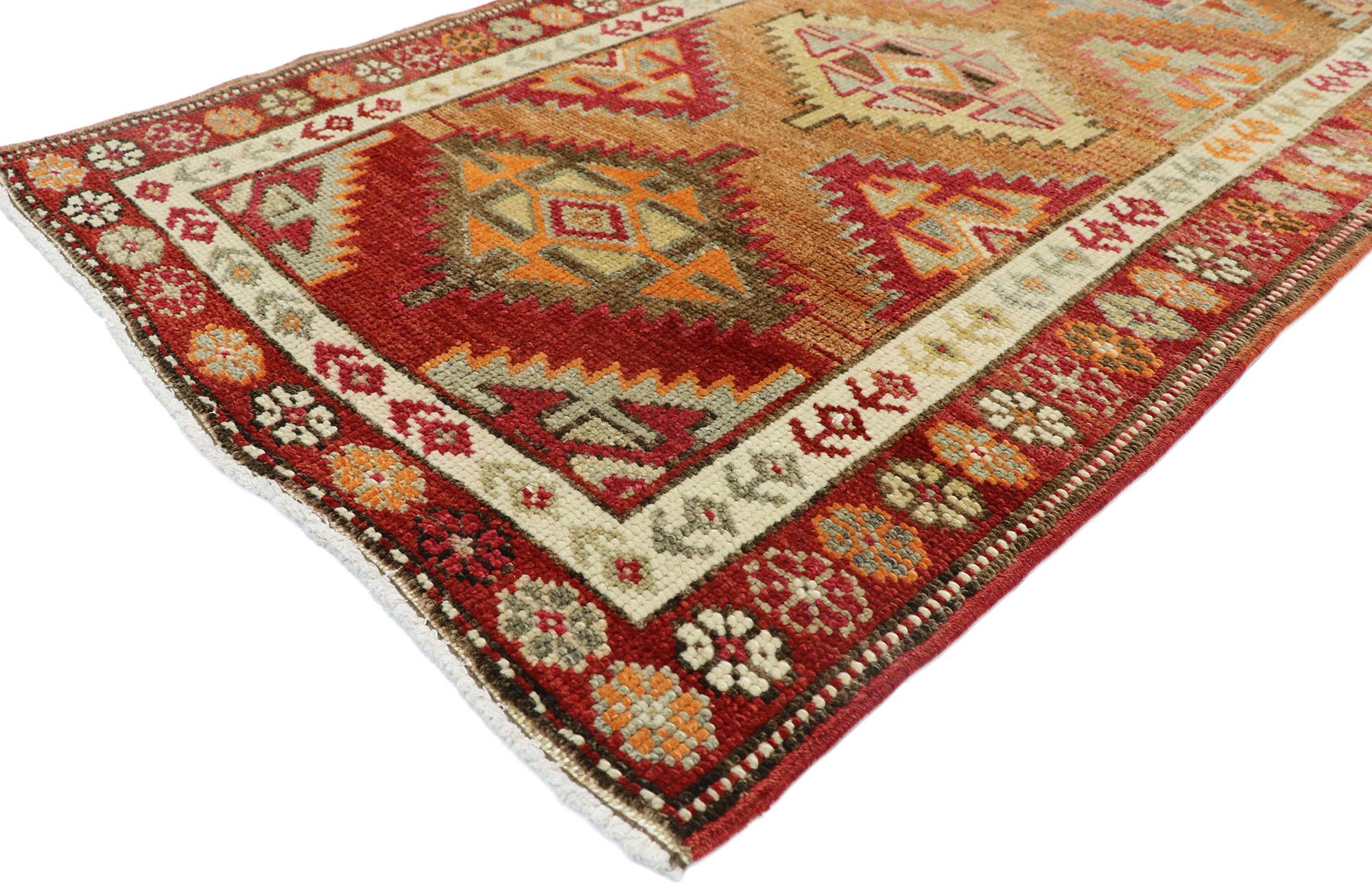 52704 vintage Turkish Oushak runner with warm Santa Fe desert Tribal style 02'09 x 11'09. With vibrant hues and warm earth-tones combined with a bold geometric form, this hand knotted wool vintage Turkish Oushak runner manages to beautifully meld