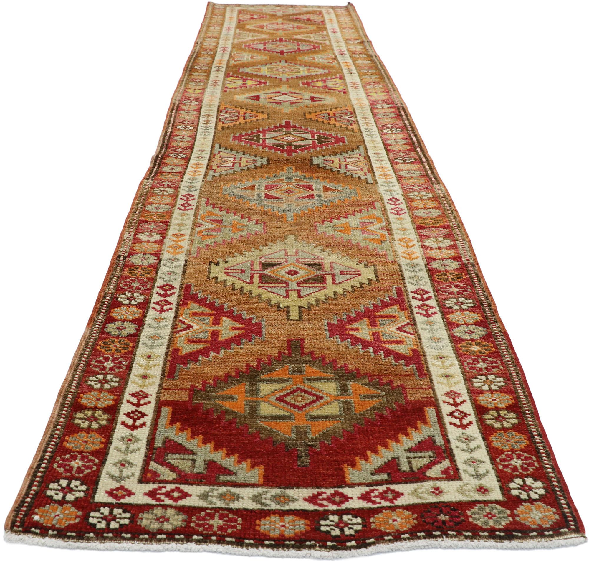 Hand-Knotted Vintage Turkish Oushak Runner with Warm Santa Fe Desert Tribal Style For Sale
