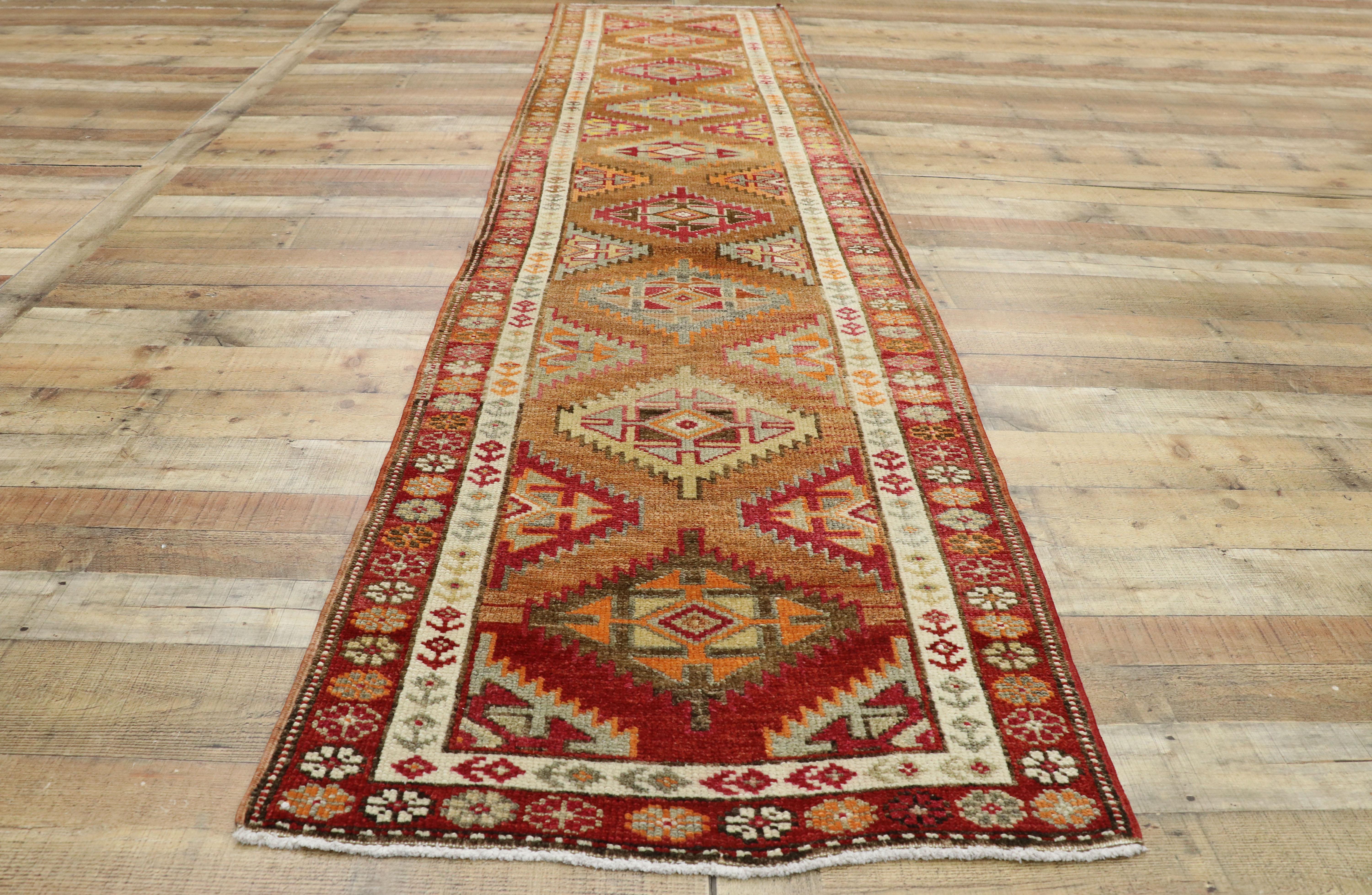 Vintage Turkish Oushak Runner with Warm Santa Fe Desert Tribal Style For Sale 1