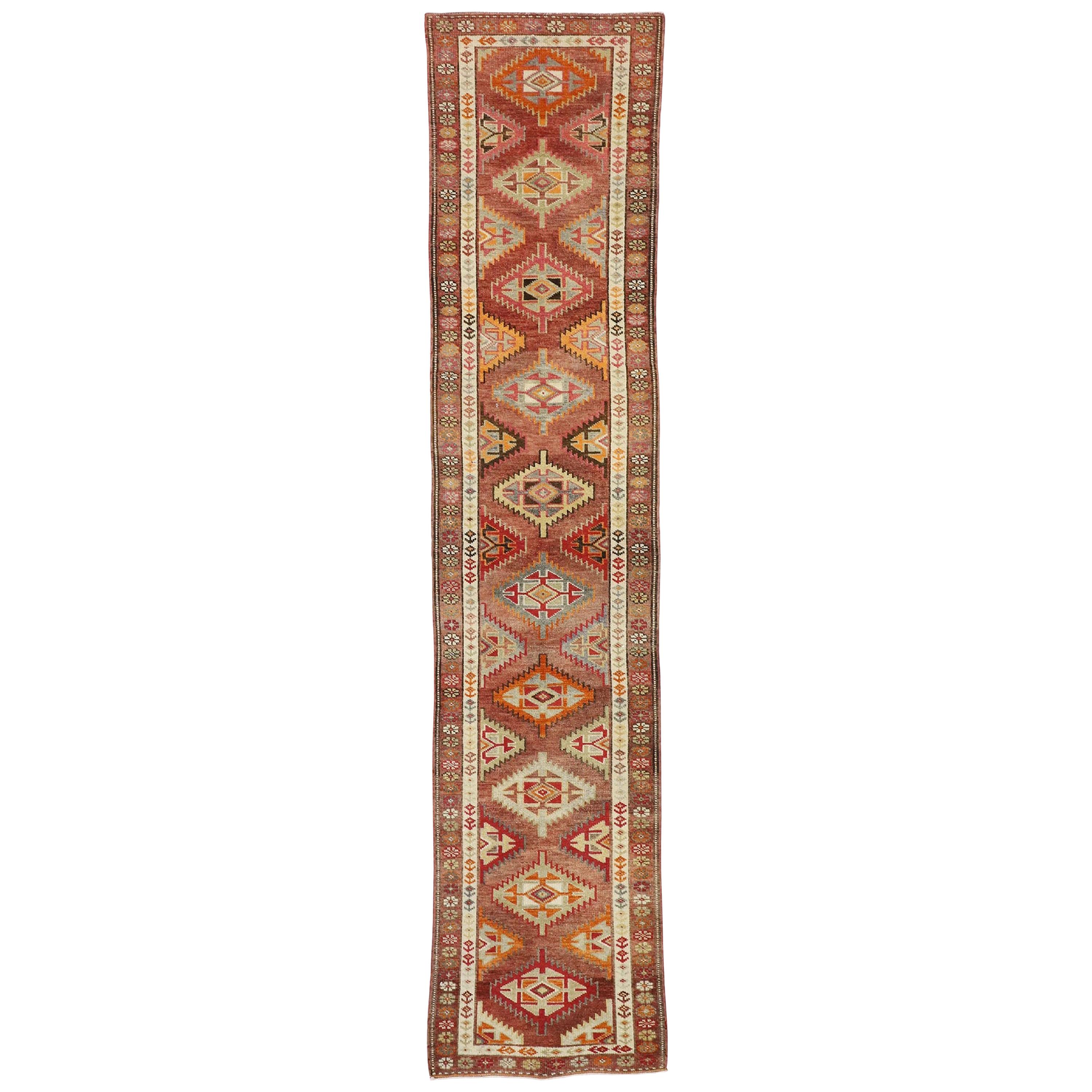 Vintage Turkish Oushak Runner with Warm Santa Fe Desert Tribal Style For Sale