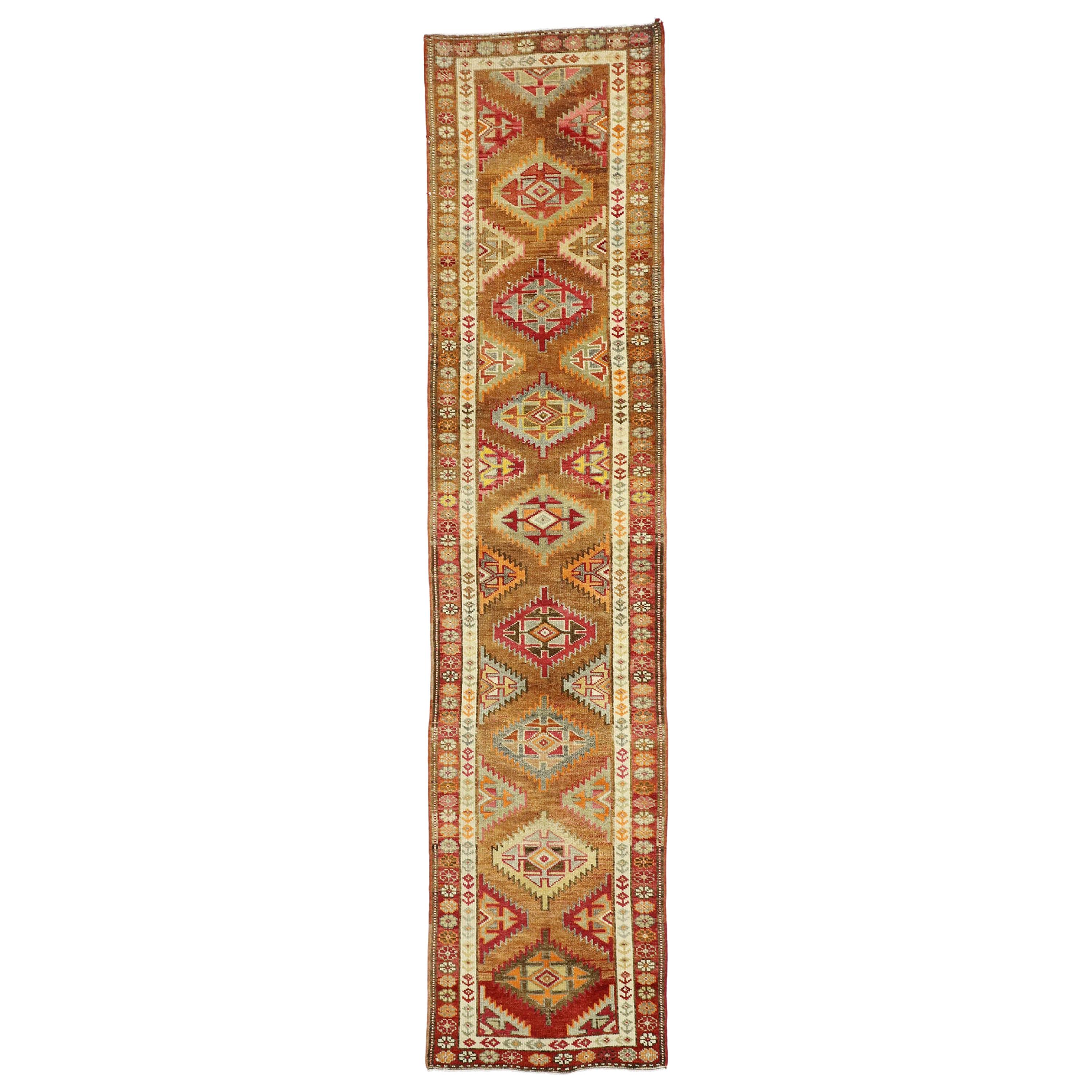 Vintage Turkish Oushak Runner with Warm Santa Fe Desert Tribal Style