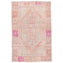 Vintage Turkish Oushak Scatter Rug, Coral and Ivory Field, Pink Accents