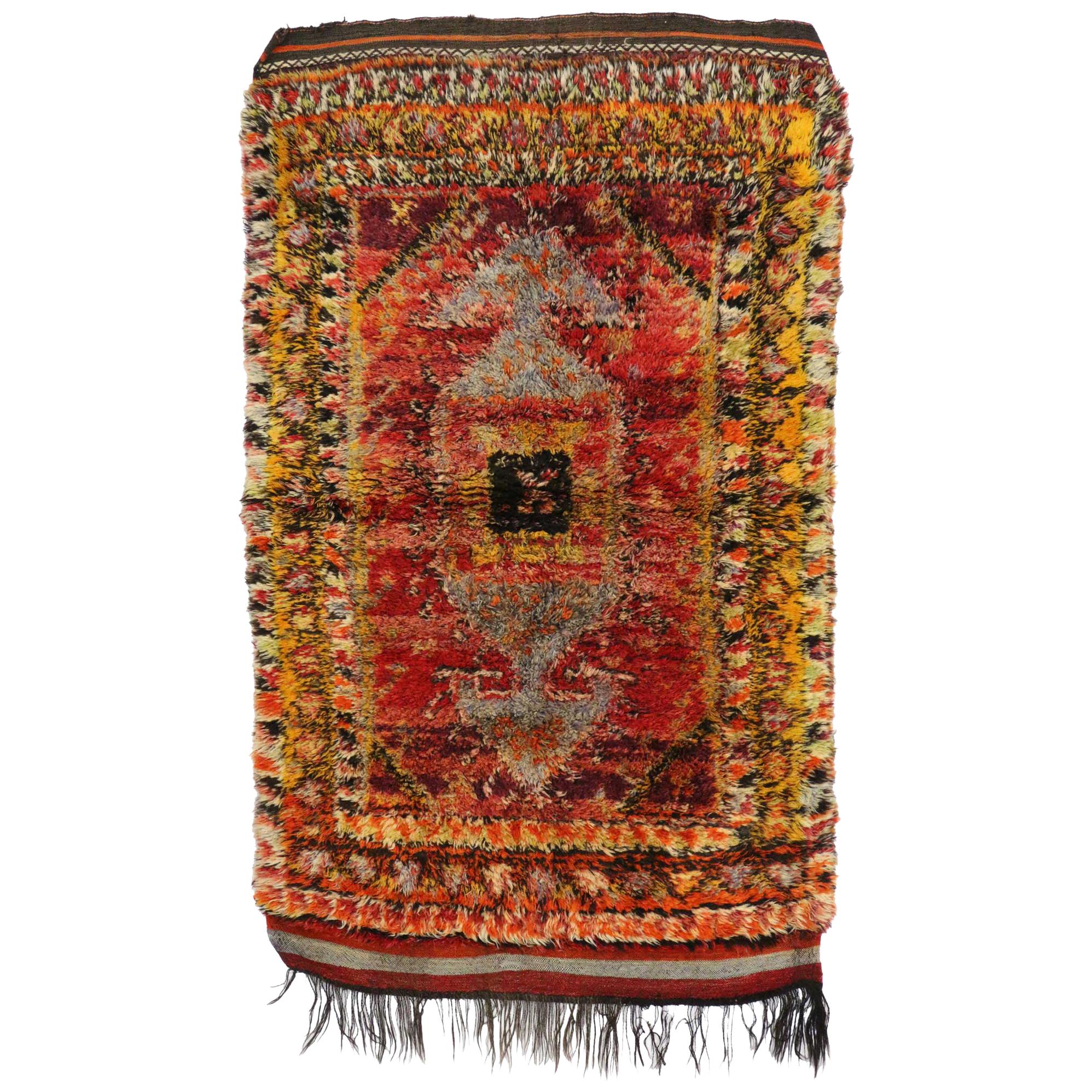 Vintage Turkish Oushak Shaggy Rug with Nomadic Tribal Style