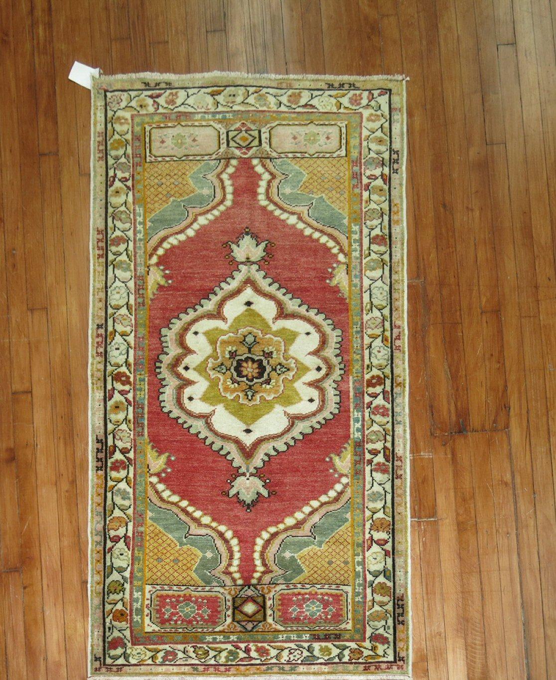 Greco Roman Vintage Turkish Oushak Small Rug in Red and Green
