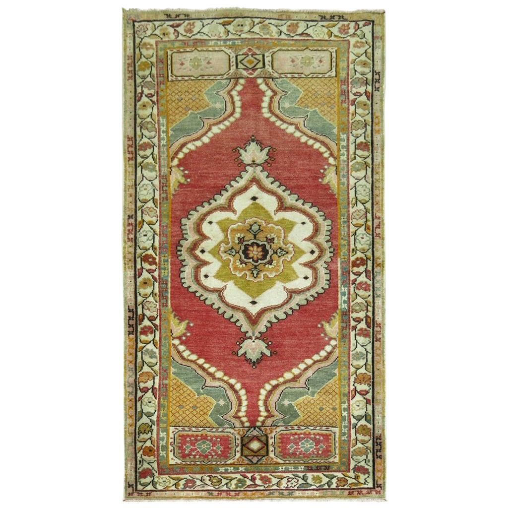 Vintage Turkish Oushak Small Rug in Red and Green