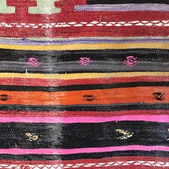 Vintage Turkish Oushak Striped Rug in Pink Orange Black Green and Yellow