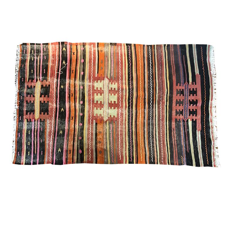 Bohemian Vintage Turkish Oushak Striped Rug in Pink Orange Black Green and Yellow For Sale