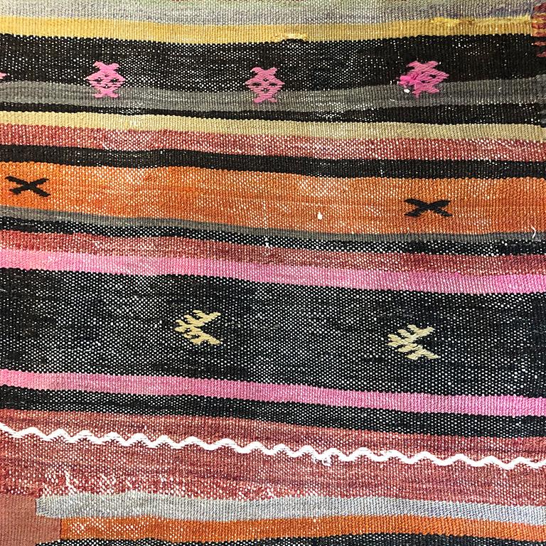 Vintage Turkish Oushak Striped Rug in Pink Orange Black Green and Yellow In Good Condition For Sale In Oklahoma City, OK