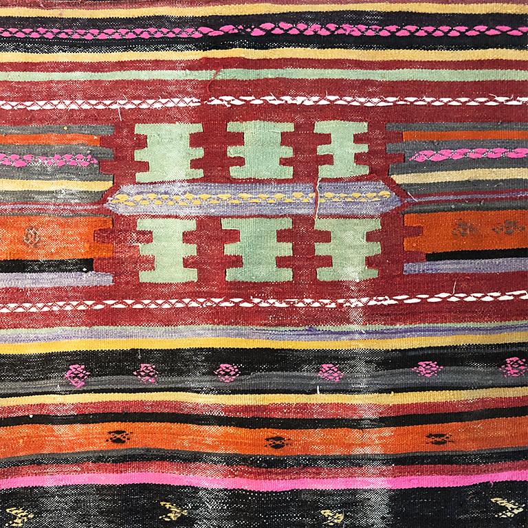 20th Century Vintage Turkish Oushak Striped Rug in Pink Orange Black Green and Yellow For Sale