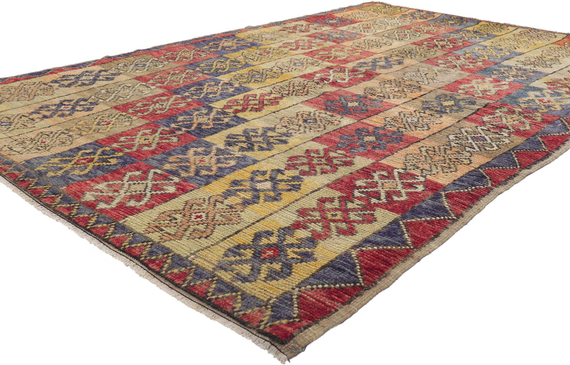 50918 Vintage Turkish Oushak with Tribal Style 05'01 X 08'00. Emanating nomadic charm with incredible detail and texture, this hand knotted wool vintage Turkish Oushak rug is a captivating vision of woven beauty. The eye-catching compartmental