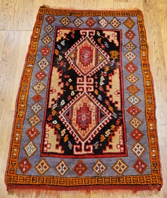 Vintage Turkish Prayer Area Rug in Pale Yellow, Blue, Navy